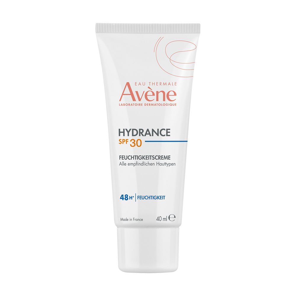 Tubo bianco Avène Hydrance SPF30. Crema idratante per pelli sensibili. 40ml. Idratazione 48H.