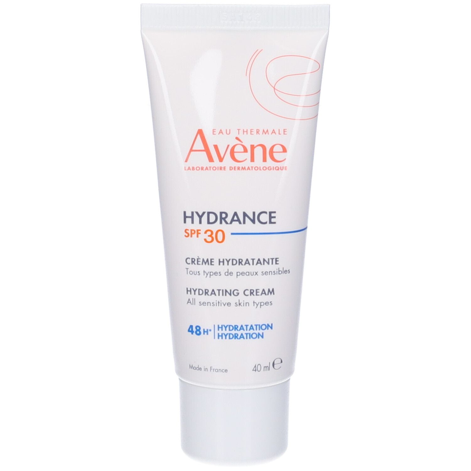 Tubo Avène Hydrance SPF30. Testo: Crème hydratante, Hydrating Cream. 40ml. Pelli sensibili.