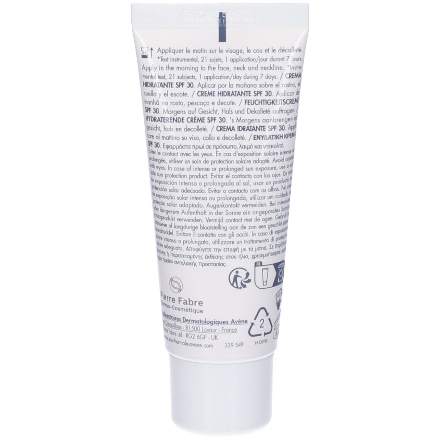 Retro del tubo Avène Hydrance SPF30. Testo multilingue. Istruzioni e ingredienti.