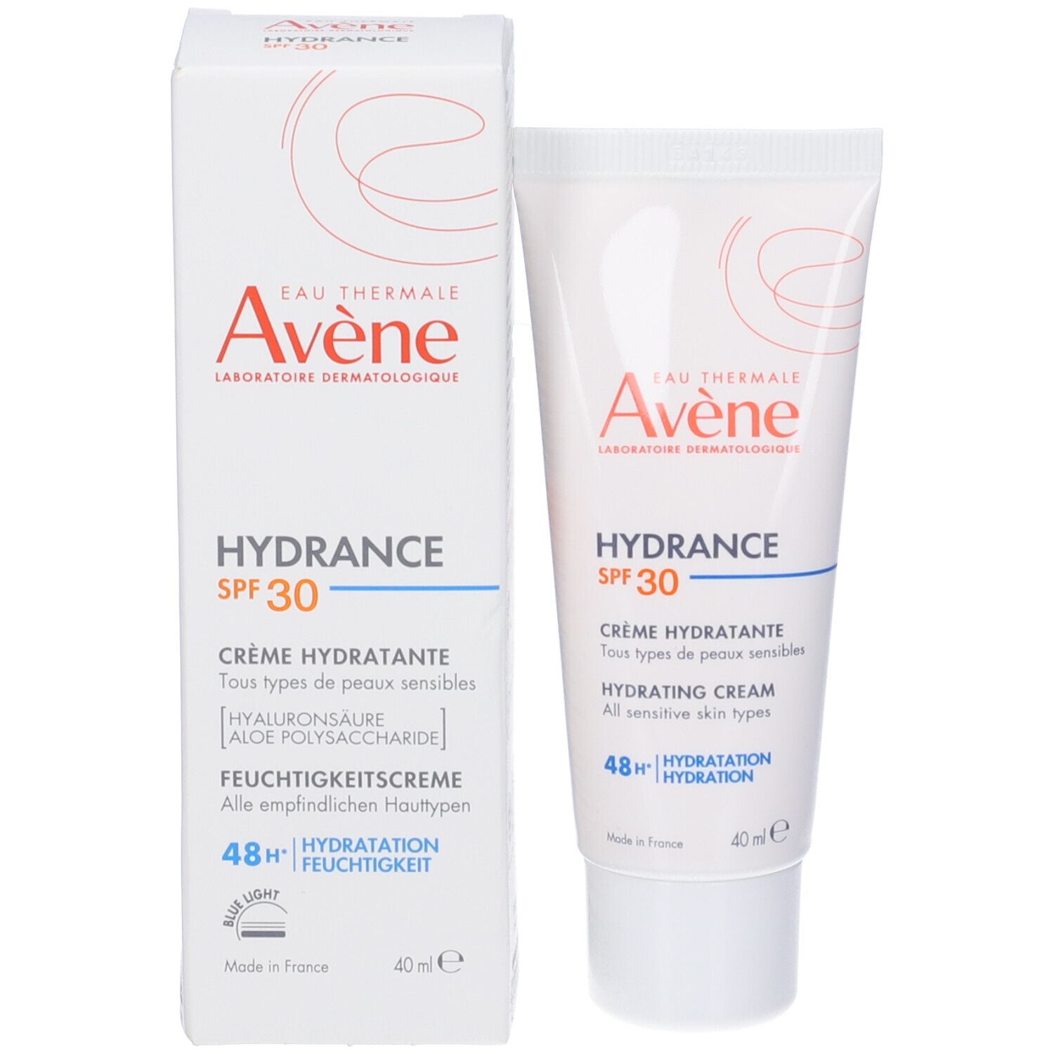 Scatola e tubo Avène Hydrance SPF30. Testo: Crème hydratante, Hydrating Cream. 40ml.