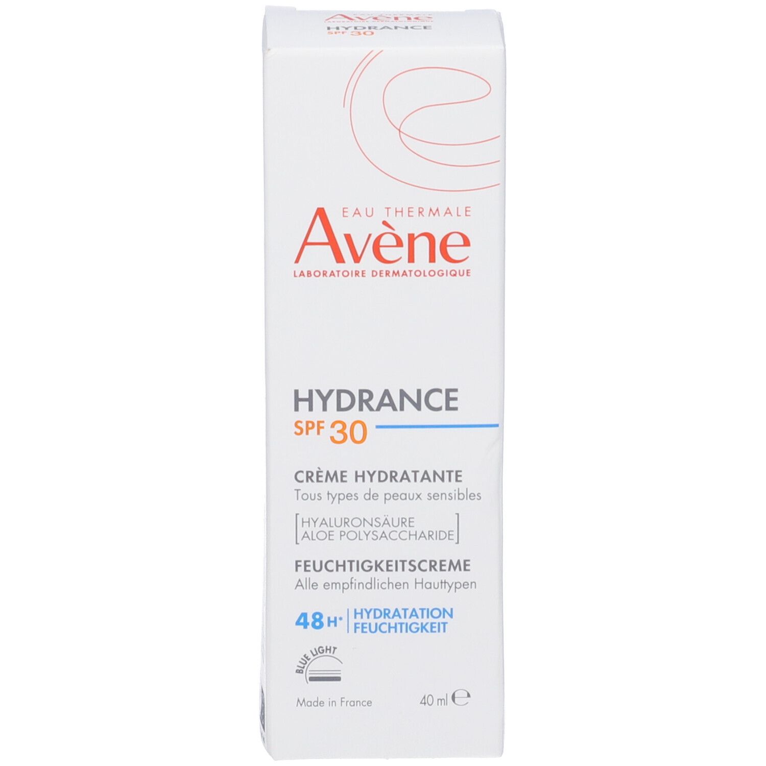 Scatola Avène Hydrance SPF30. Testo: Crème hydratante, Hydrating Cream. 40ml. Pelli sensibili.