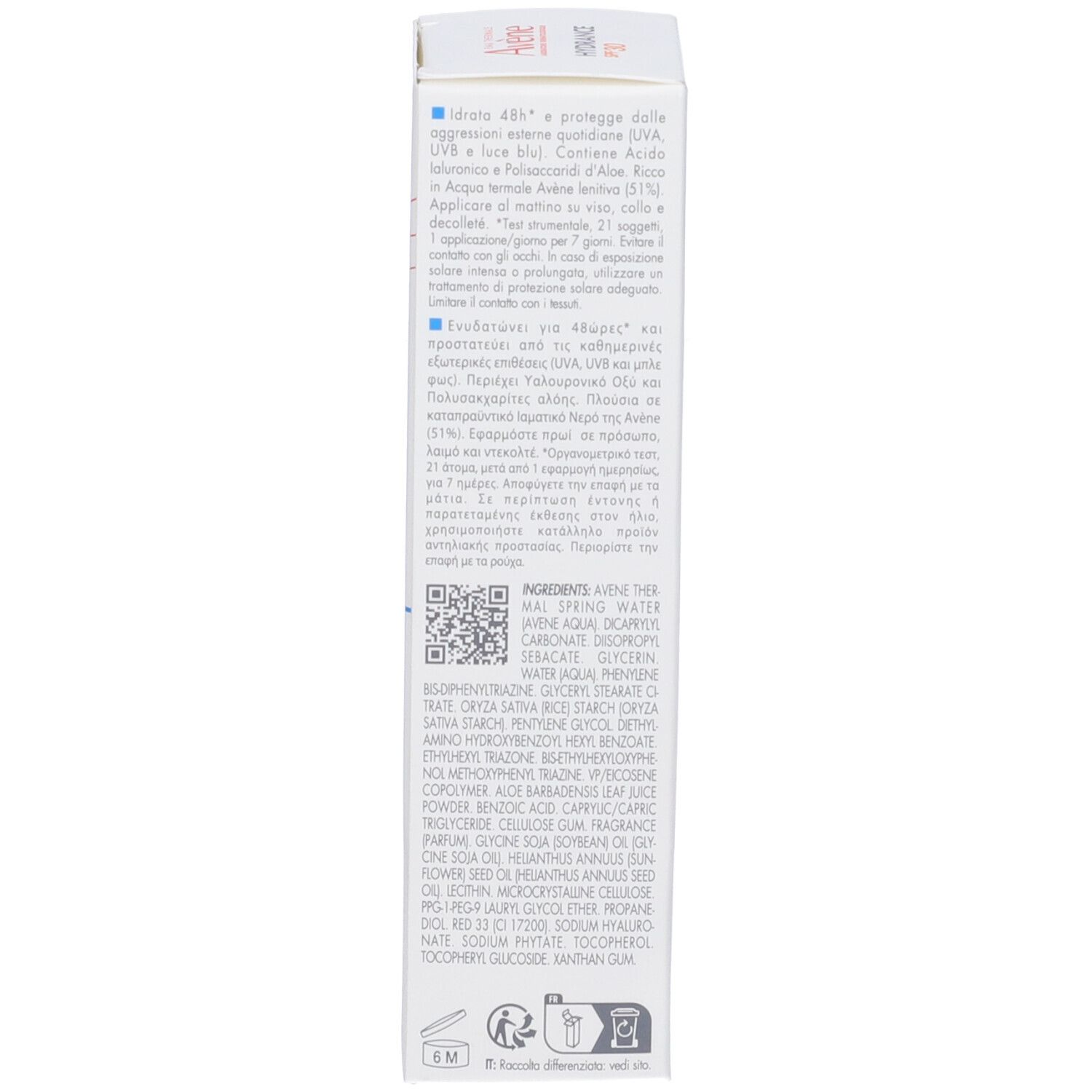 Retro della scatola Avène Hydrance SPF30. Testo multilingue. Ingredienti e istruzioni.