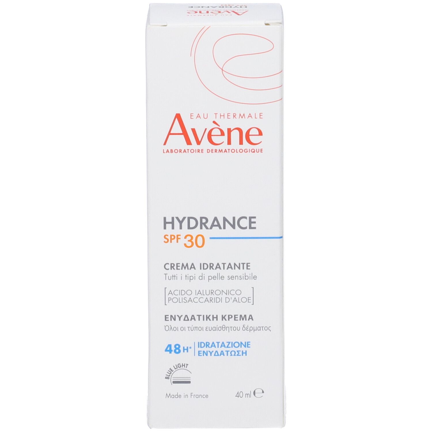Scatola Avène Hydrance SPF30. Testo: Crème hydratante, Hydrating Cream. 40ml. Pelli sensibili.