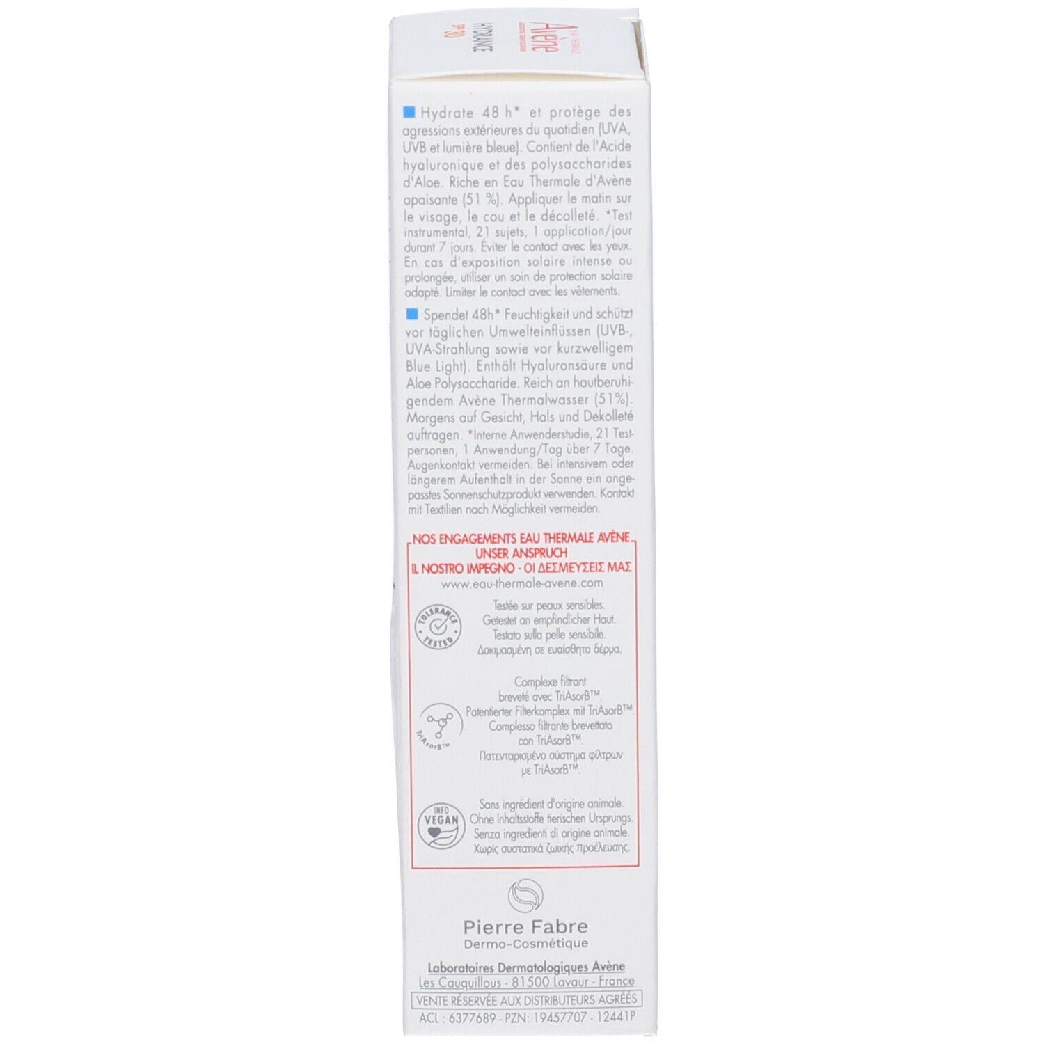 Retro della scatola Avène Hydrance SPF30. Testo multilingue. Ingredienti e istruzioni.