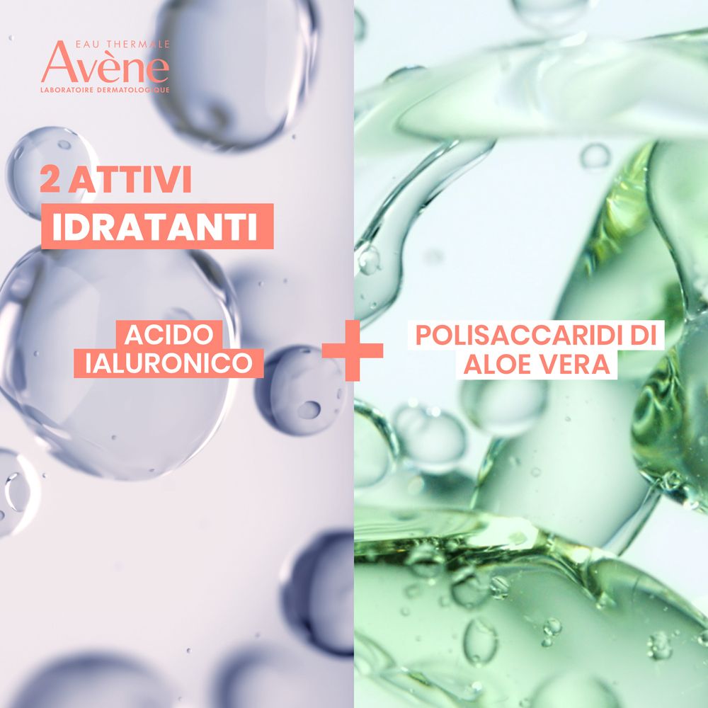 Due ingredienti attivi: Acido ialuronico e Polisaccaridi di Aloe Vera. Testo: 2 Attivi Idratanti.