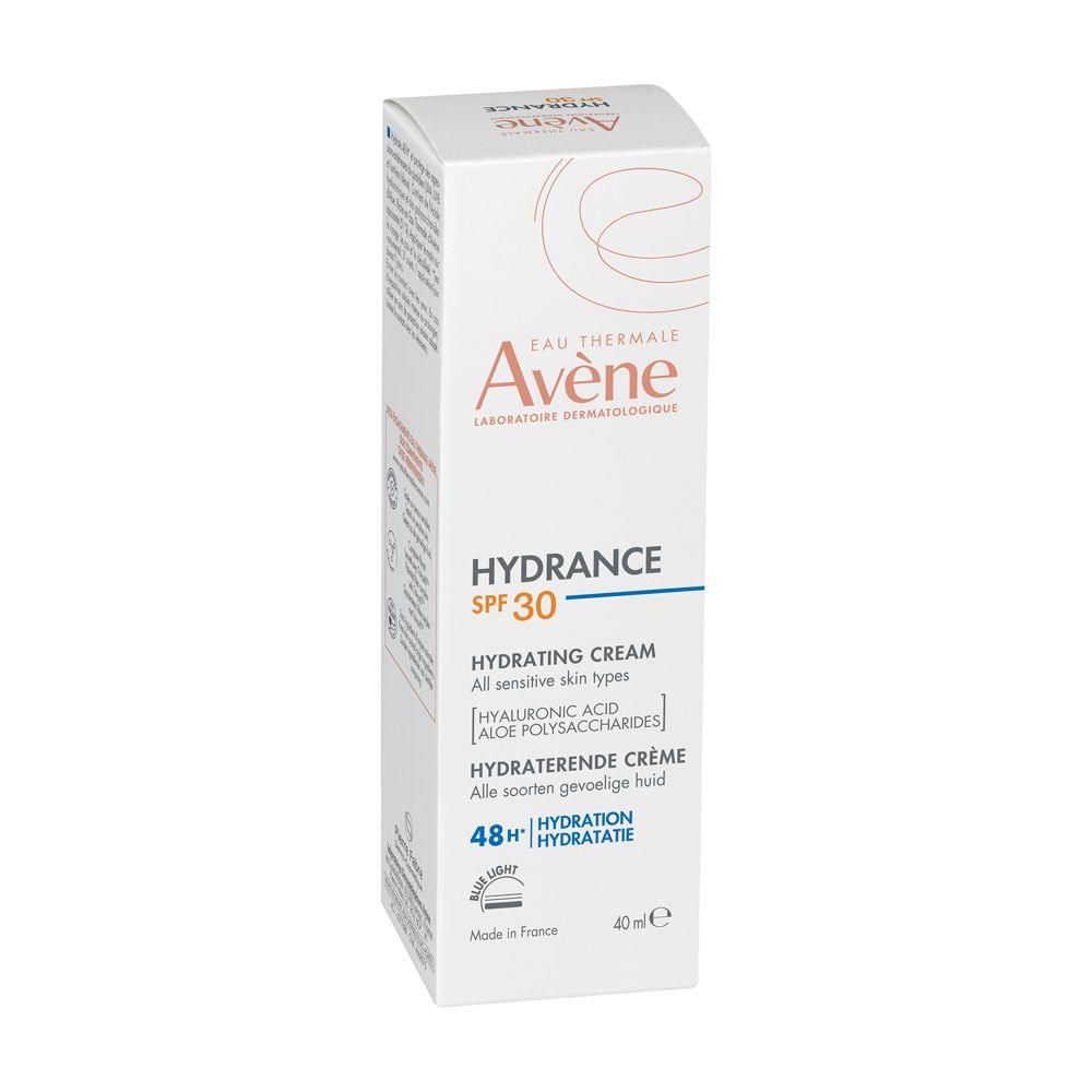 Scatola Avène Hydrance SPF30. Testo: Hydrating Cream, Crema idratante. 40ml. Pelli sensibili.