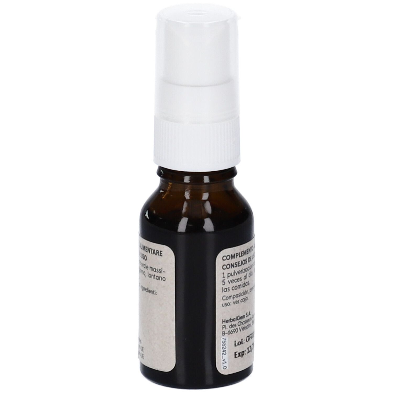 Flacone di vetro marrone con erogatore bianco. Etichetta con informazioni sul prodotto. 15ml.