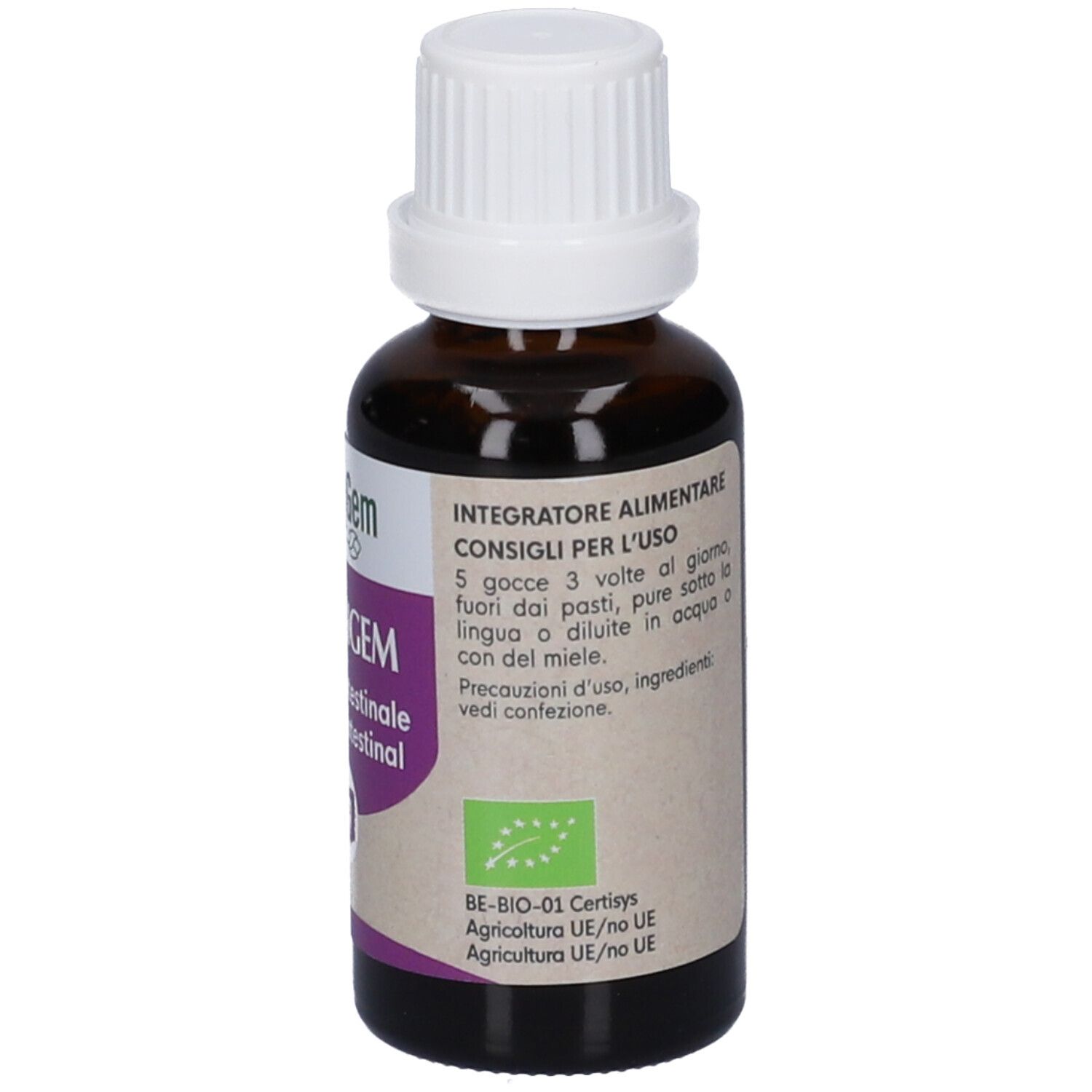 Flacone di vetro marrone con tappo bianco. Etichetta con informazioni sul prodotto e certificazione bio. Marchio HerbalGem.