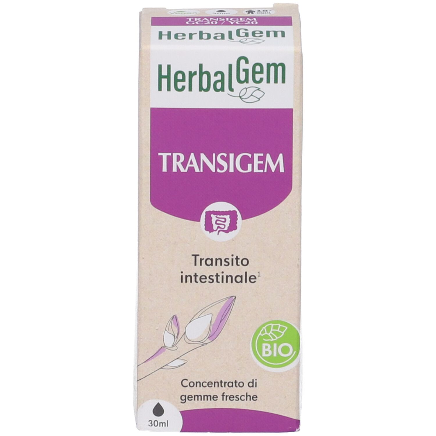 Confezione TRANSIGEM e marchio HerbalGem. Certificazione bio. Contiene 30ml.