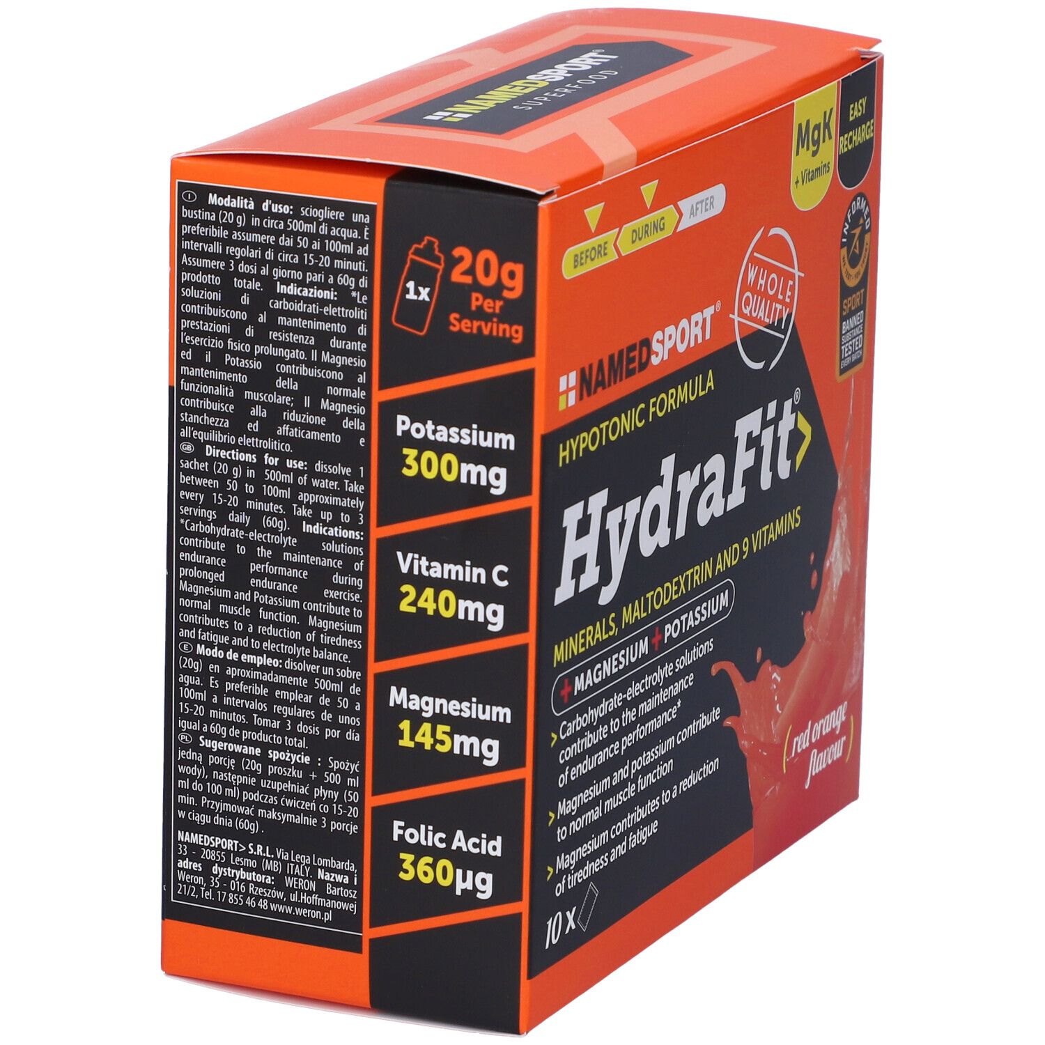 Confezione arancione HydraFit. Contiene magnesio, potassio, vitamina C e acido folico. Logo NamedSport e scritta HydraFit.