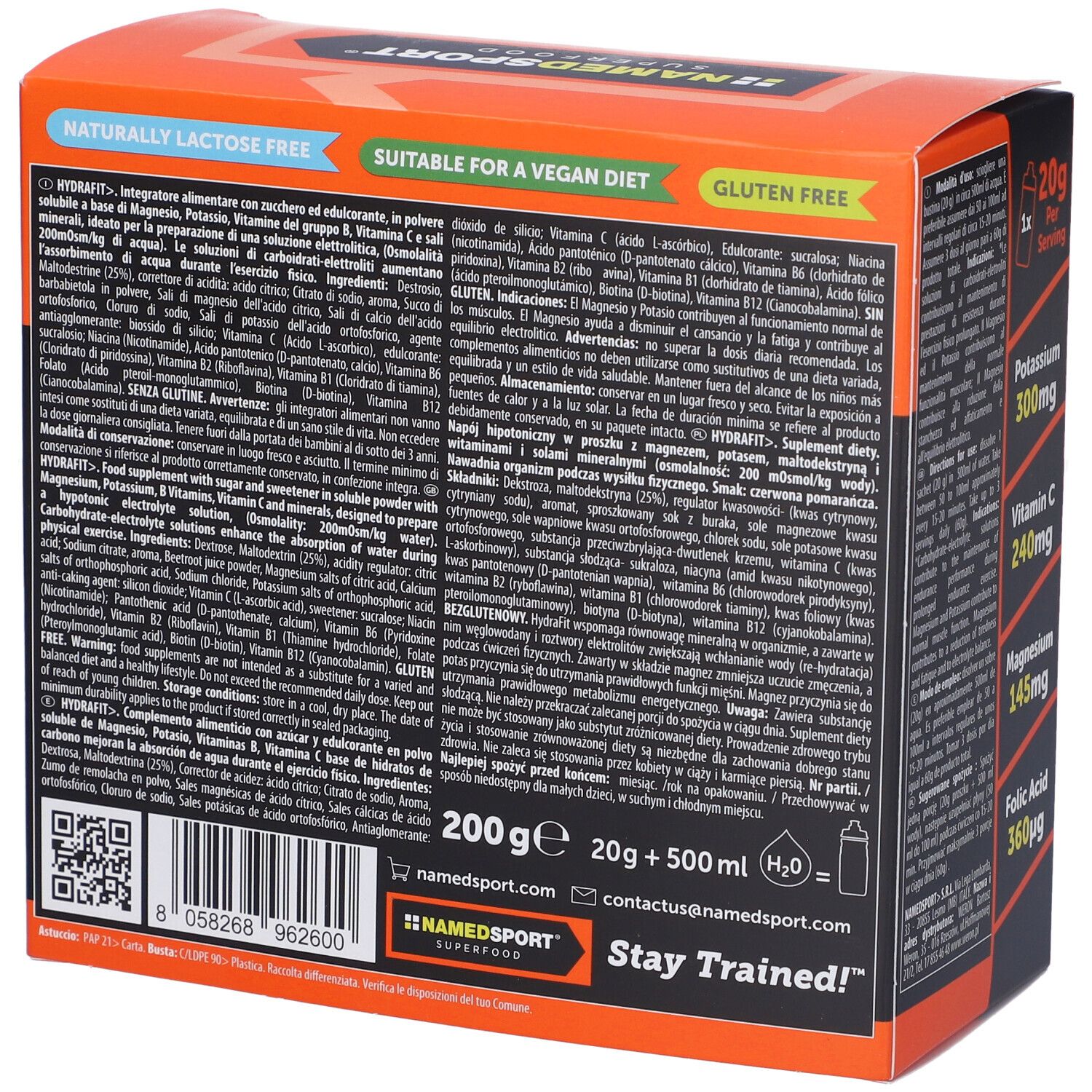 Retro della confezione HydraFit. Testo su ingredienti e valori nutrizionali. Logo NamedSport e codice QR.