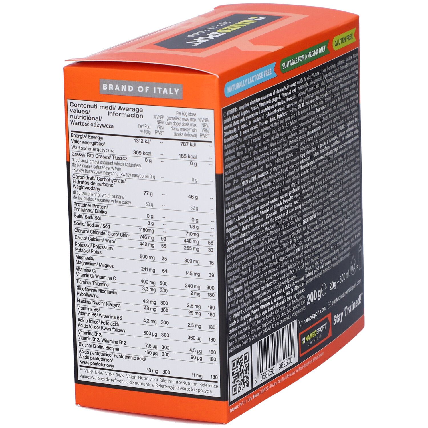 Retro della confezione HydraFit. Contiene informazioni nutrizionali. Logo NamedSport e testo.