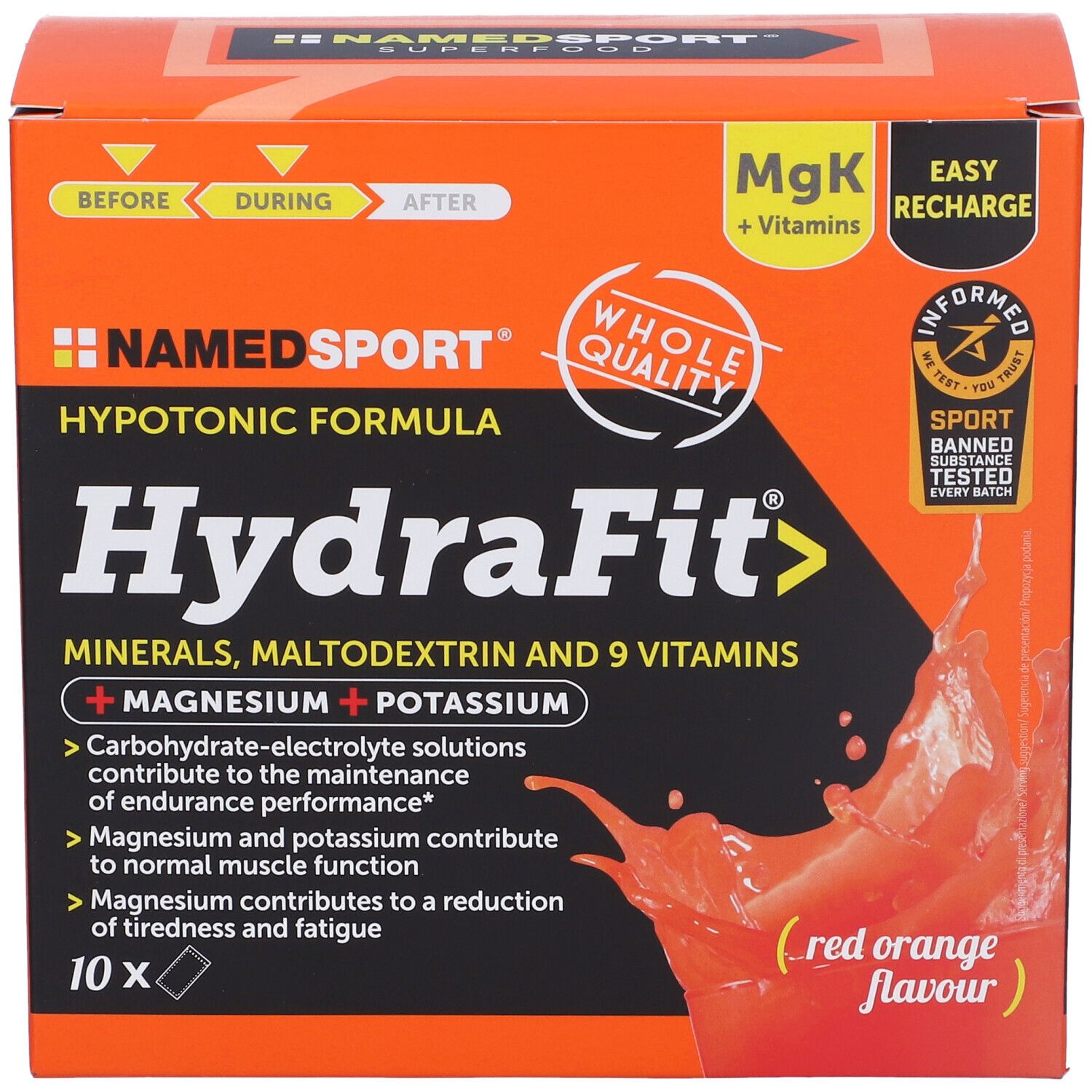 Confezione arancione HydraFit. Contiene magnesio, potassio e vitamine. Logo NamedSport e scritta HydraFit.