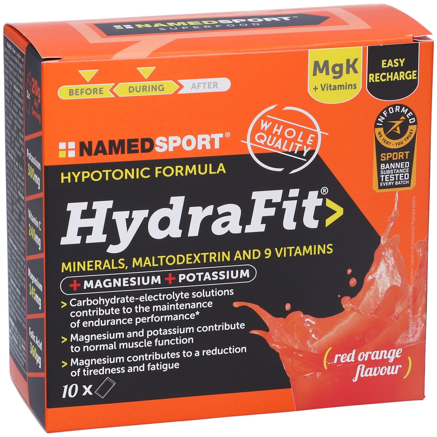 Confezione arancione HydraFit. Contiene magnesio, potassio e vitamine. Logo NamedSport e scritta HydraFit.