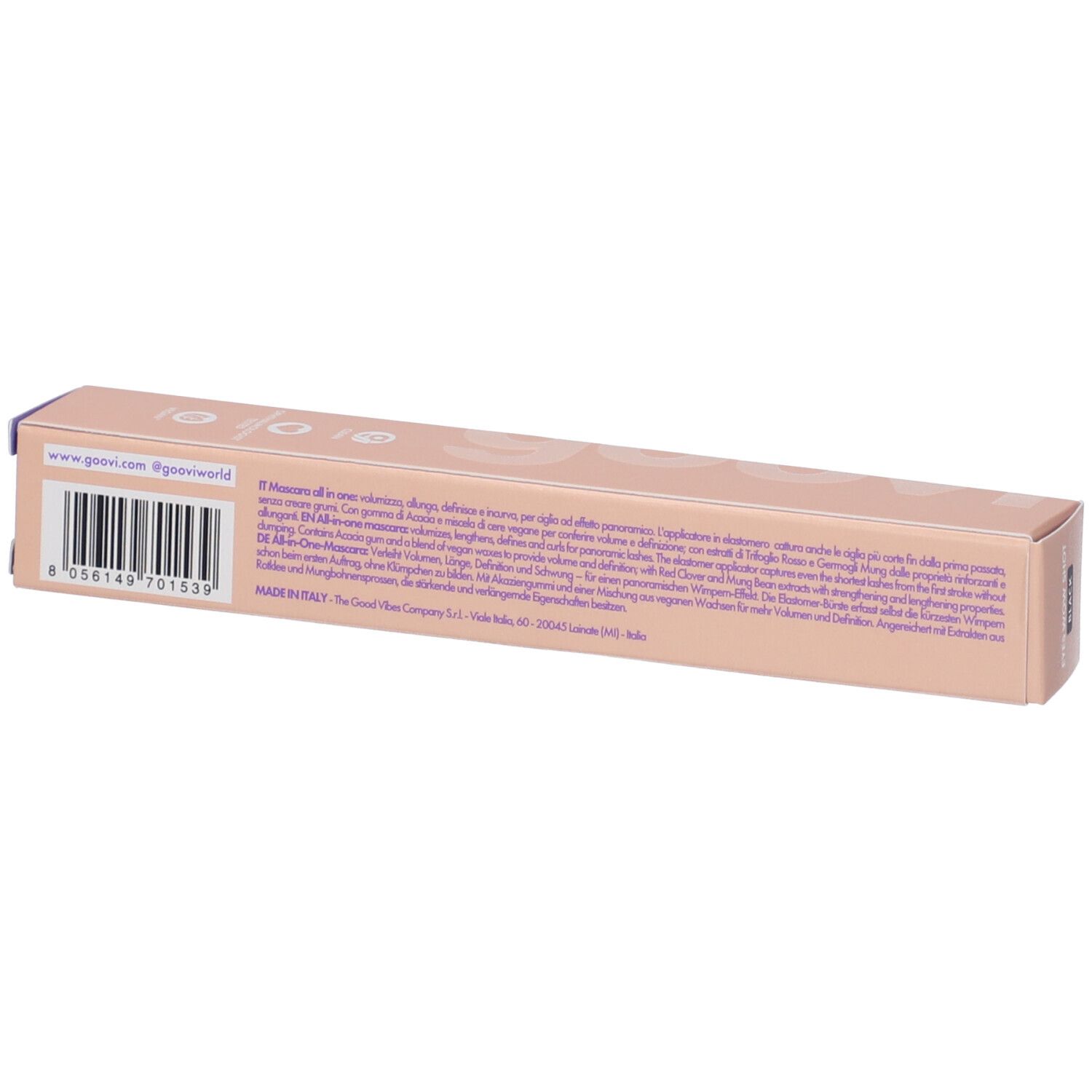 Confezione mascara GOOVI. Scatola beige allungata con informazioni sul prodotto e codice a barre. Vista dall'alto.