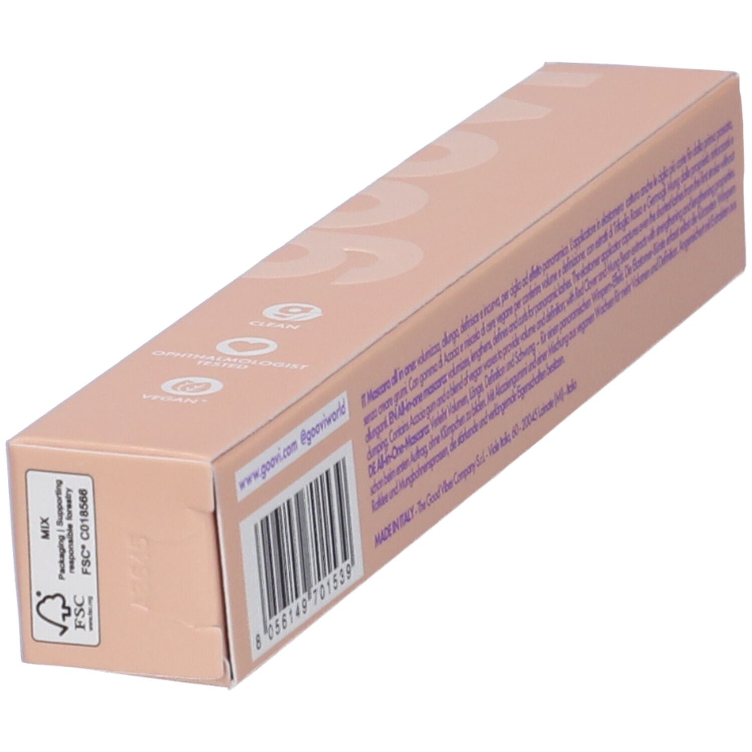 Confezione mascara GOOVI. Scatola beige allungata con informazioni sul prodotto e logo FSC. Vista obliqua.
