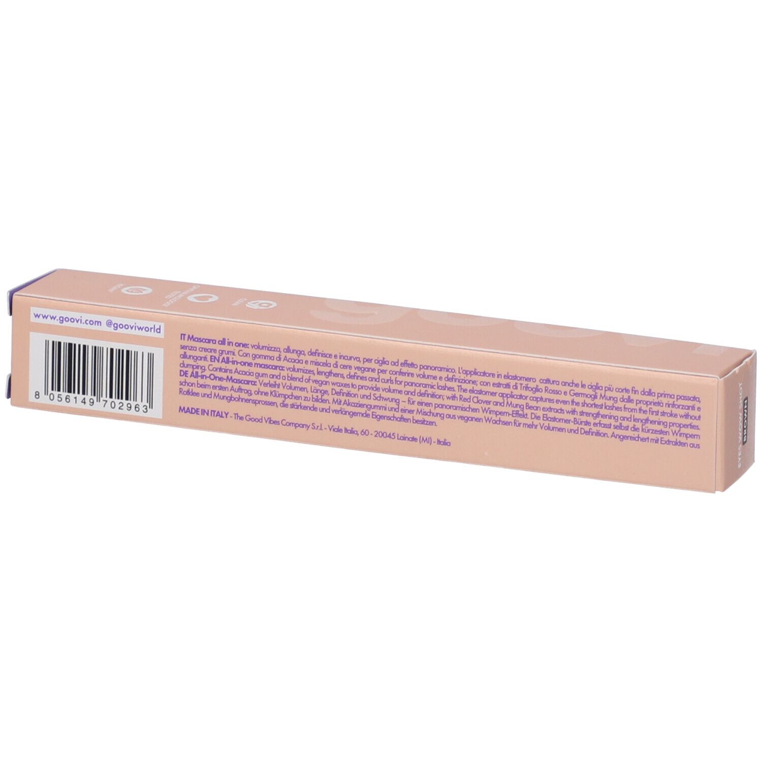 Confezione beige con codice a barre e testo. Contiene informazioni sul produttore. Vista dall'alto.