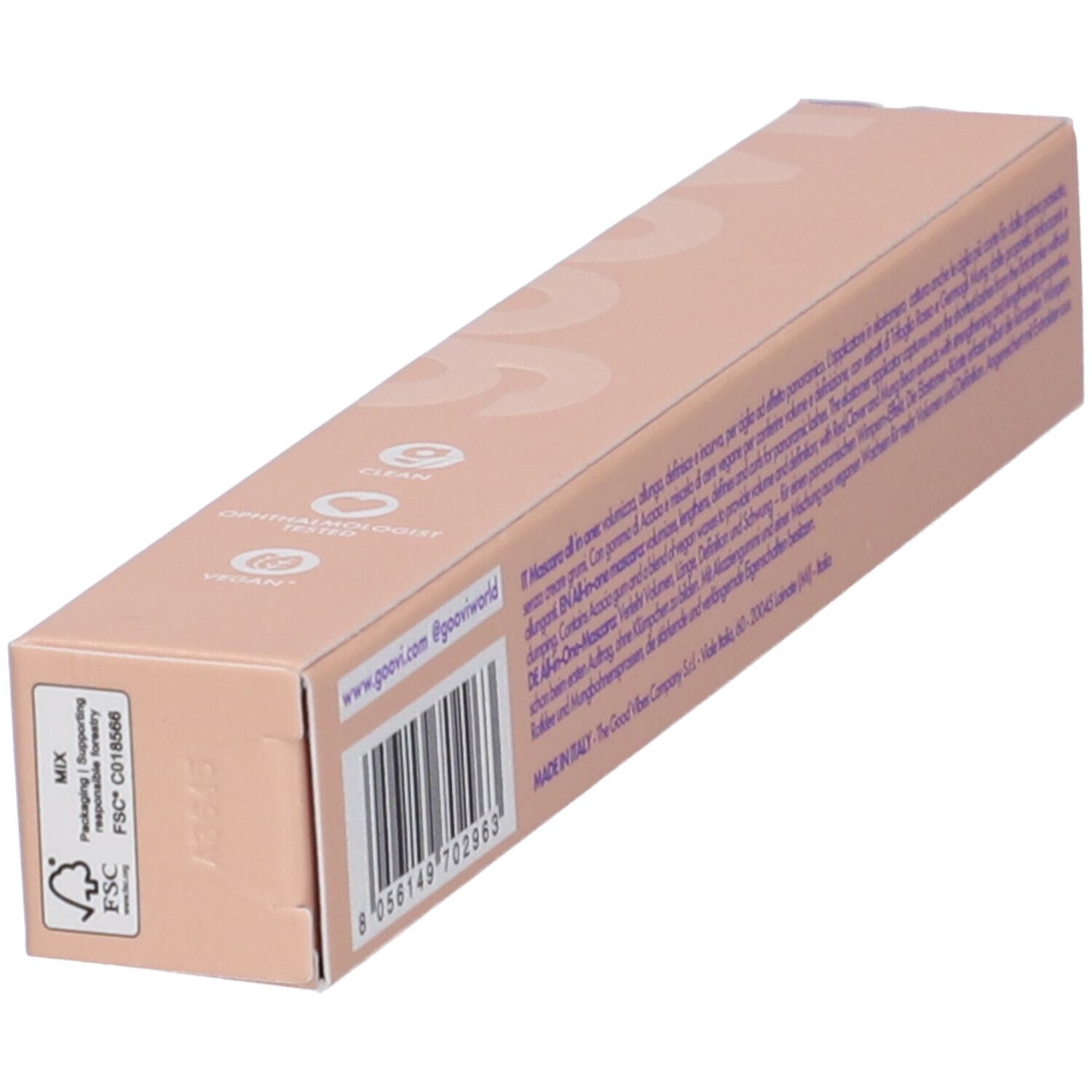 Confezione beige con testo e logo. Certificazione FSC. Vista obliqua.