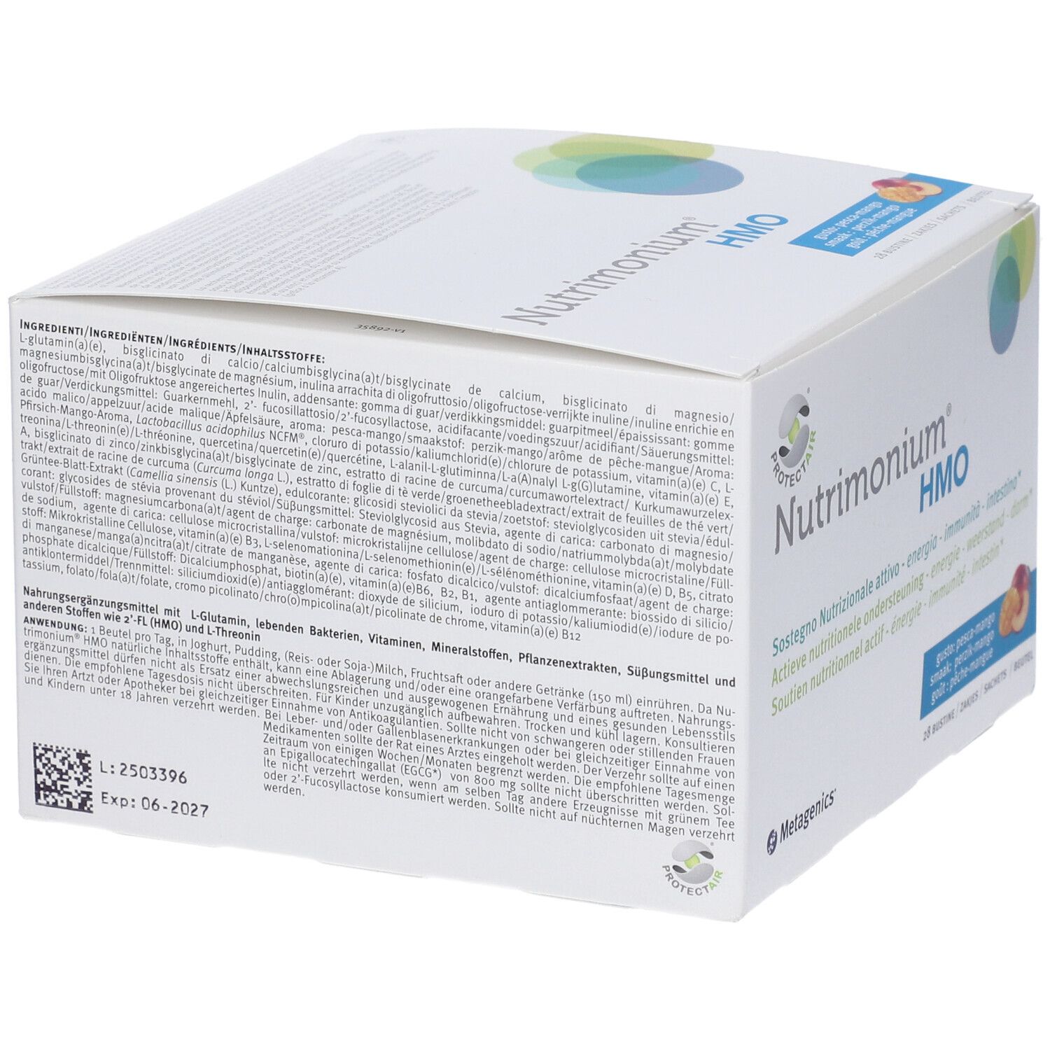 Retro della confezione bianca del prodotto. Contiene l'elenco degli ingredienti, il codice QR e la data di scadenza. Logo Metagenics.