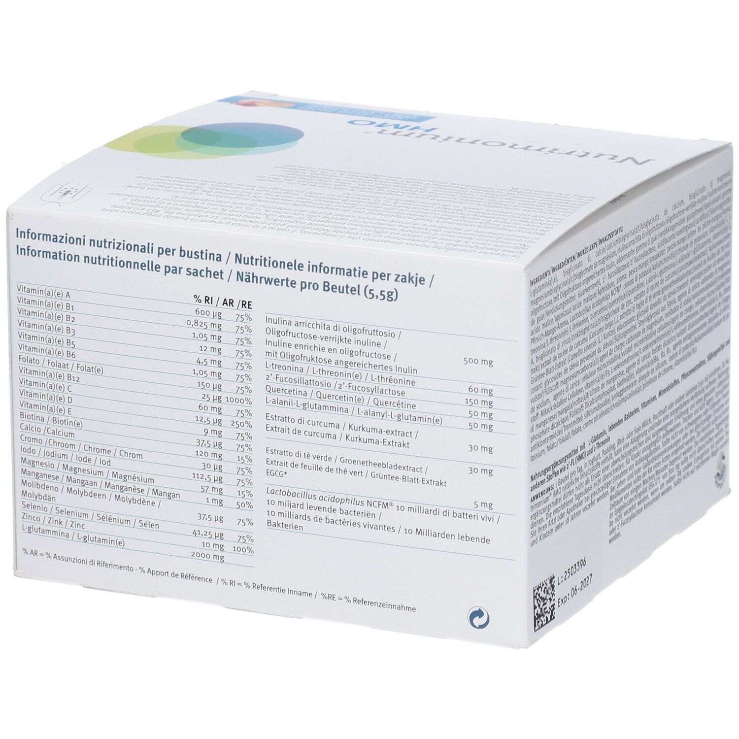 Retro della confezione bianca del prodotto. Contiene informazioni nutrizionali per bustina. Logo Metagenics.