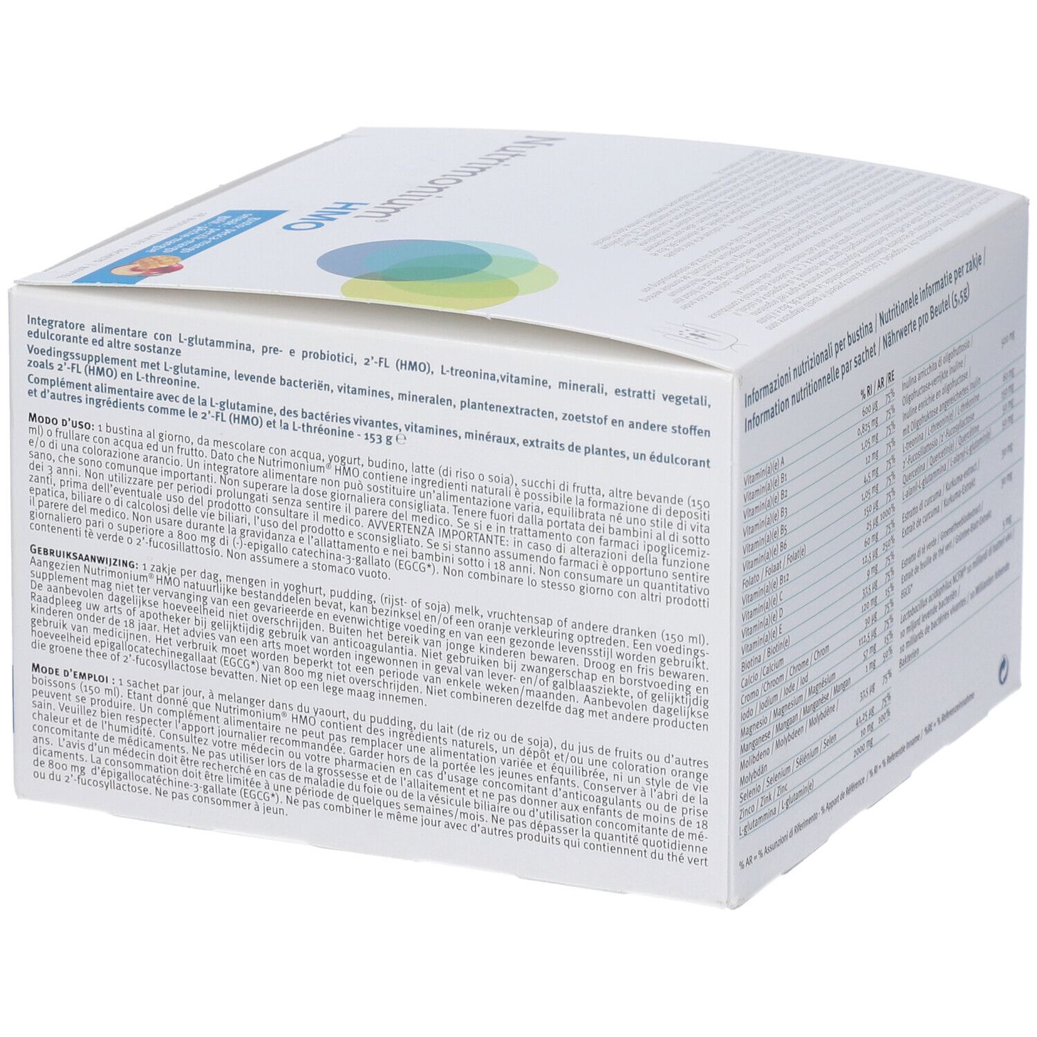 Retro della confezione bianca del prodotto. Contiene istruzioni per l'uso e avvertenze. Logo Metagenics.