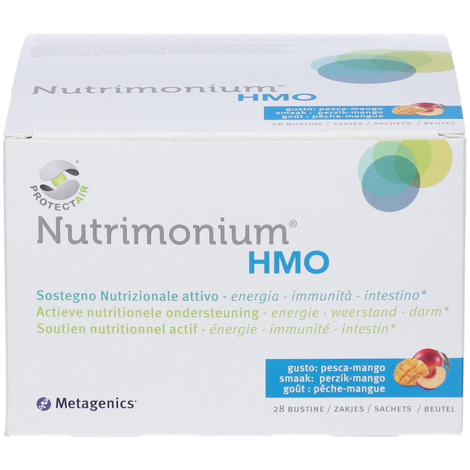 Scatola bianca con nome del prodotto e logo HMO. Contiene 28 bustine. Gusto: pesca-mango. Logo Metagenics.