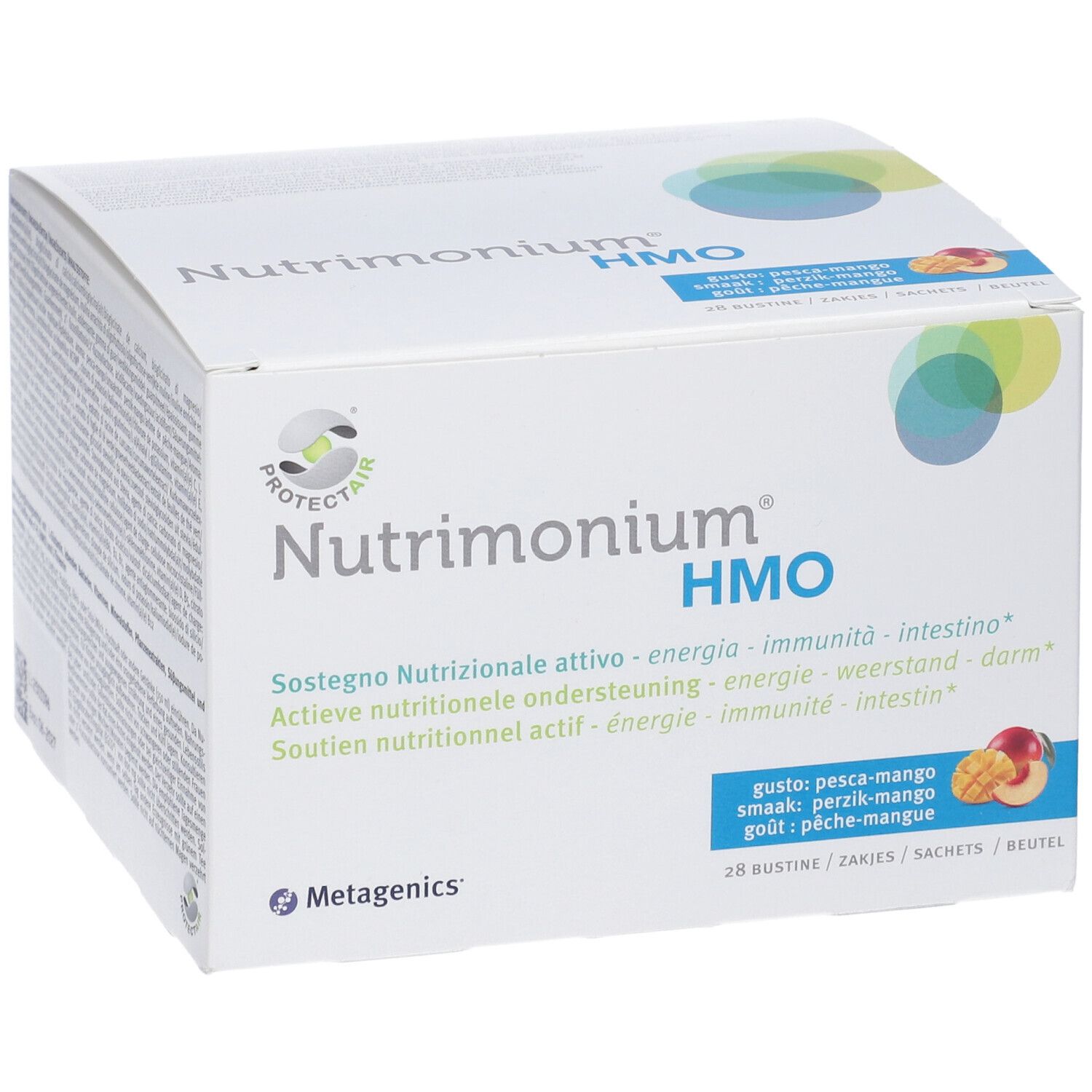 Scatola bianca con nome del prodotto e logo HMO. Contiene 28 bustine. Gusto: pesca-mango. Logo Metagenics.