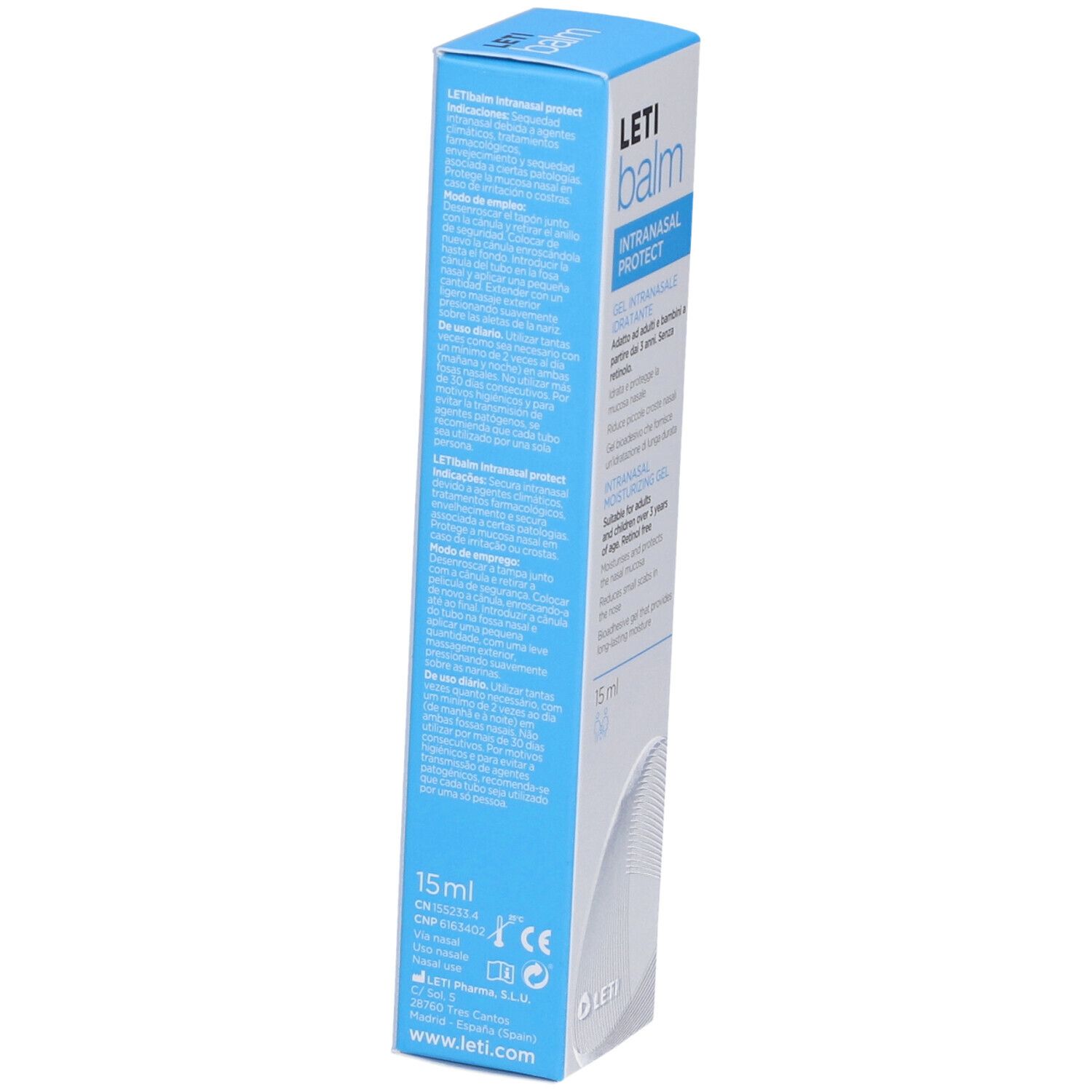 Confezione blu Letibalm. Testo: Gel intranasale, 15 ml. Adatto ad adulti e bambini dai 3 anni. Senza retinolo. Vista dettagliata.