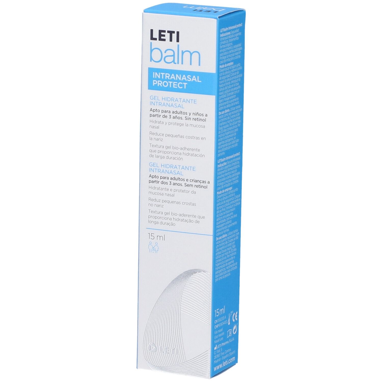Confezione blu e bianca Letibalm. Testo: Gel intranasale, 15 ml. Adatto ad adulti e bambini dai 3 anni. Senza retinolo.