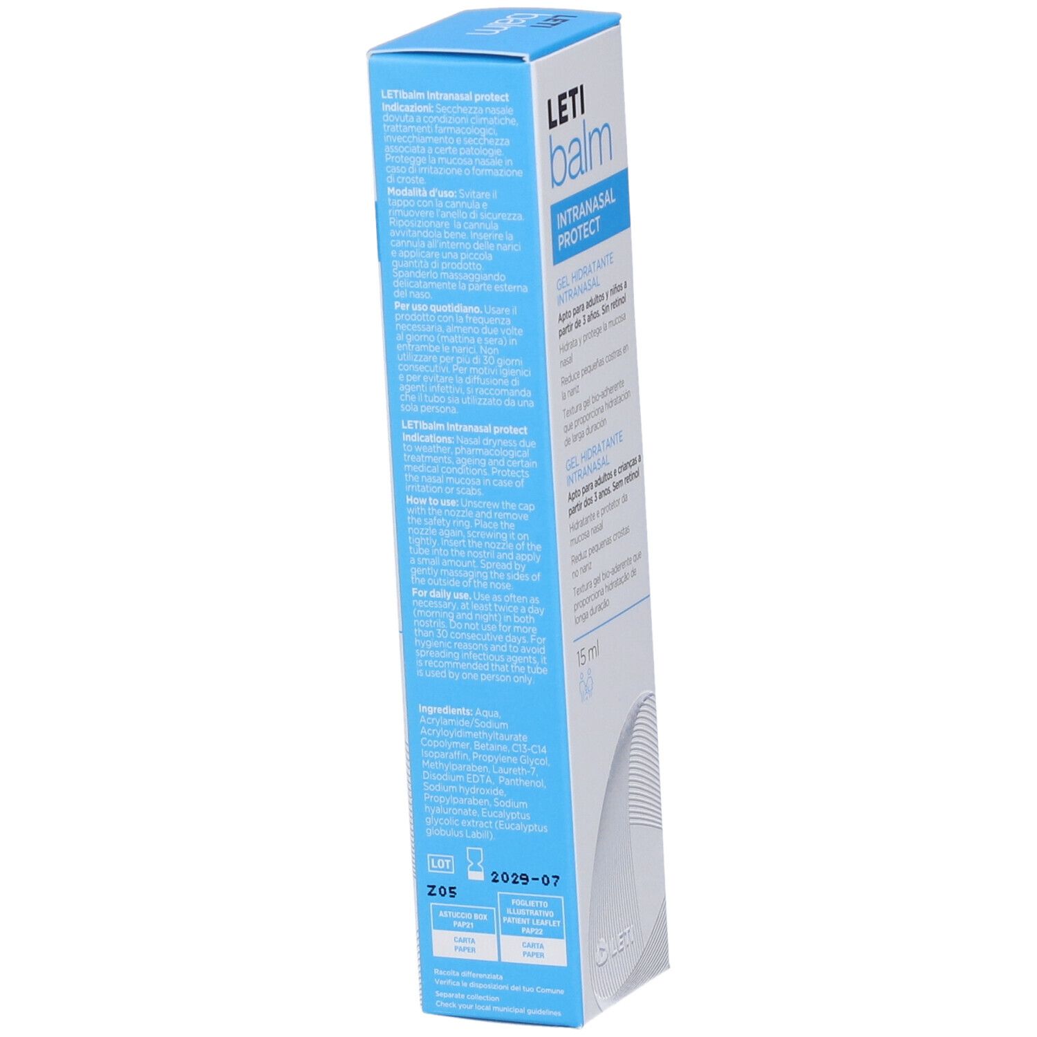 Confezione blu Letibalm. Testo: Gel intranasale, 15 ml. Adatto ad adulti e bambini dai 3 anni. Senza retinolo. Vista dettagliata.