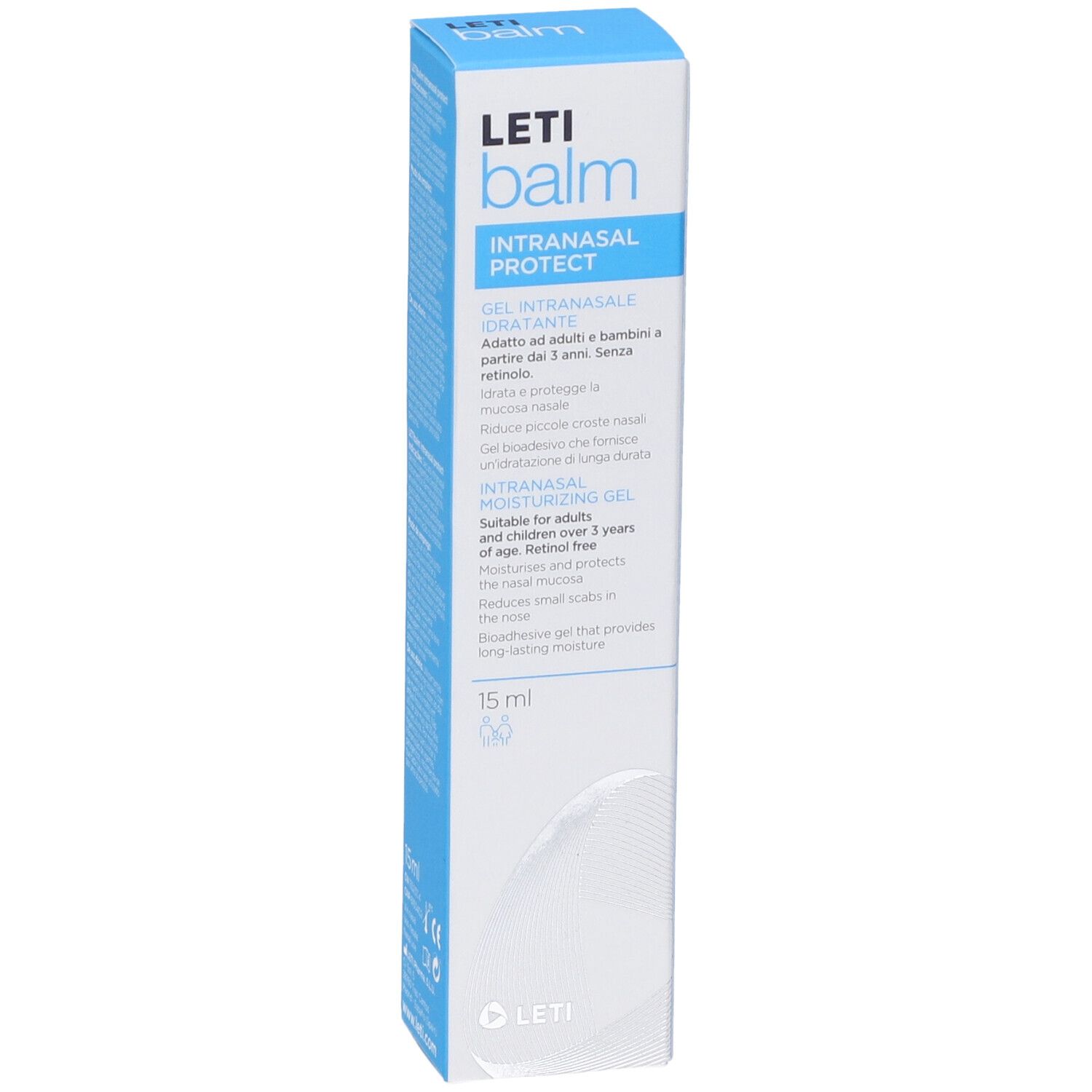 Confezione blu e bianca Letibalm. Testo: Gel intranasale, 15 ml. Adatto ad adulti e bambini dai 3 anni. Senza retinolo.
