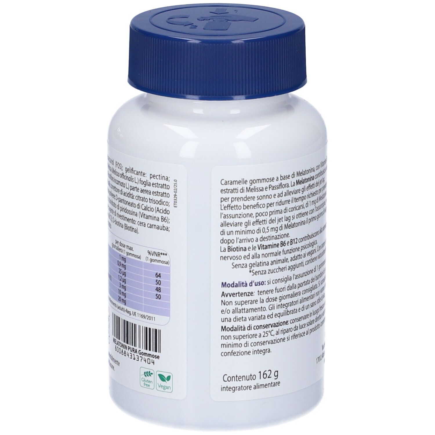 Retro del flacone bianco, tappo blu. Informazioni testuali e ingredienti.