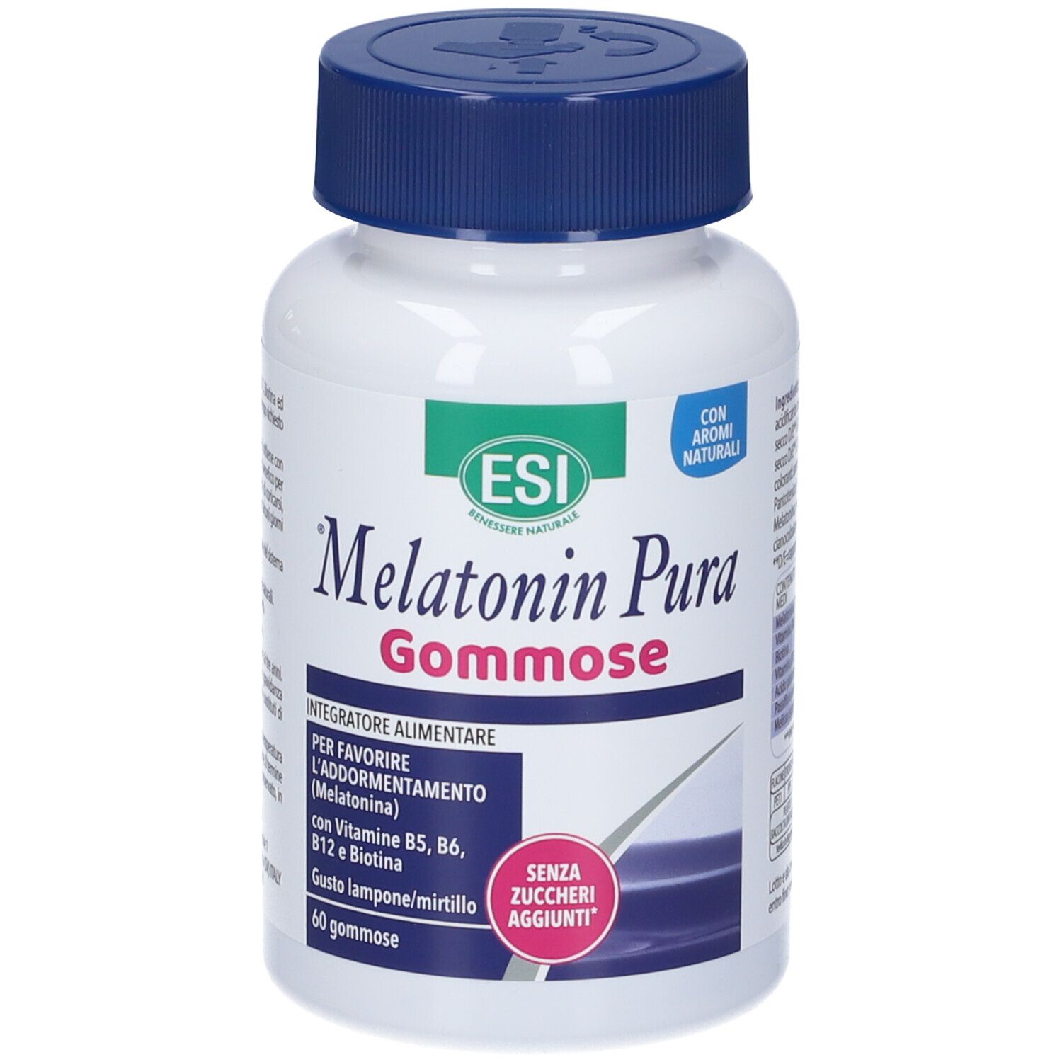 Flacone bianco, tappo blu. Scritta: ESI Melatonin Pura Gommose. Contiene 60 caramelle gommose.