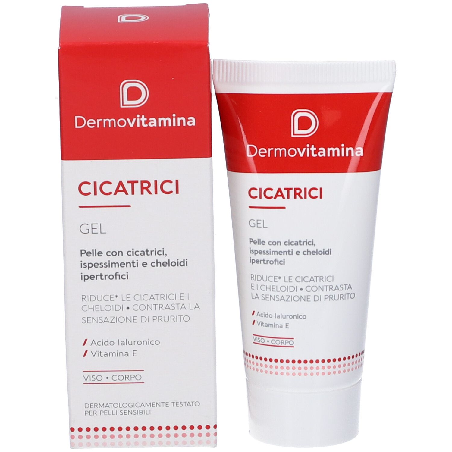 Tubo e confezione di Gel Dermovitamina Cicatrici