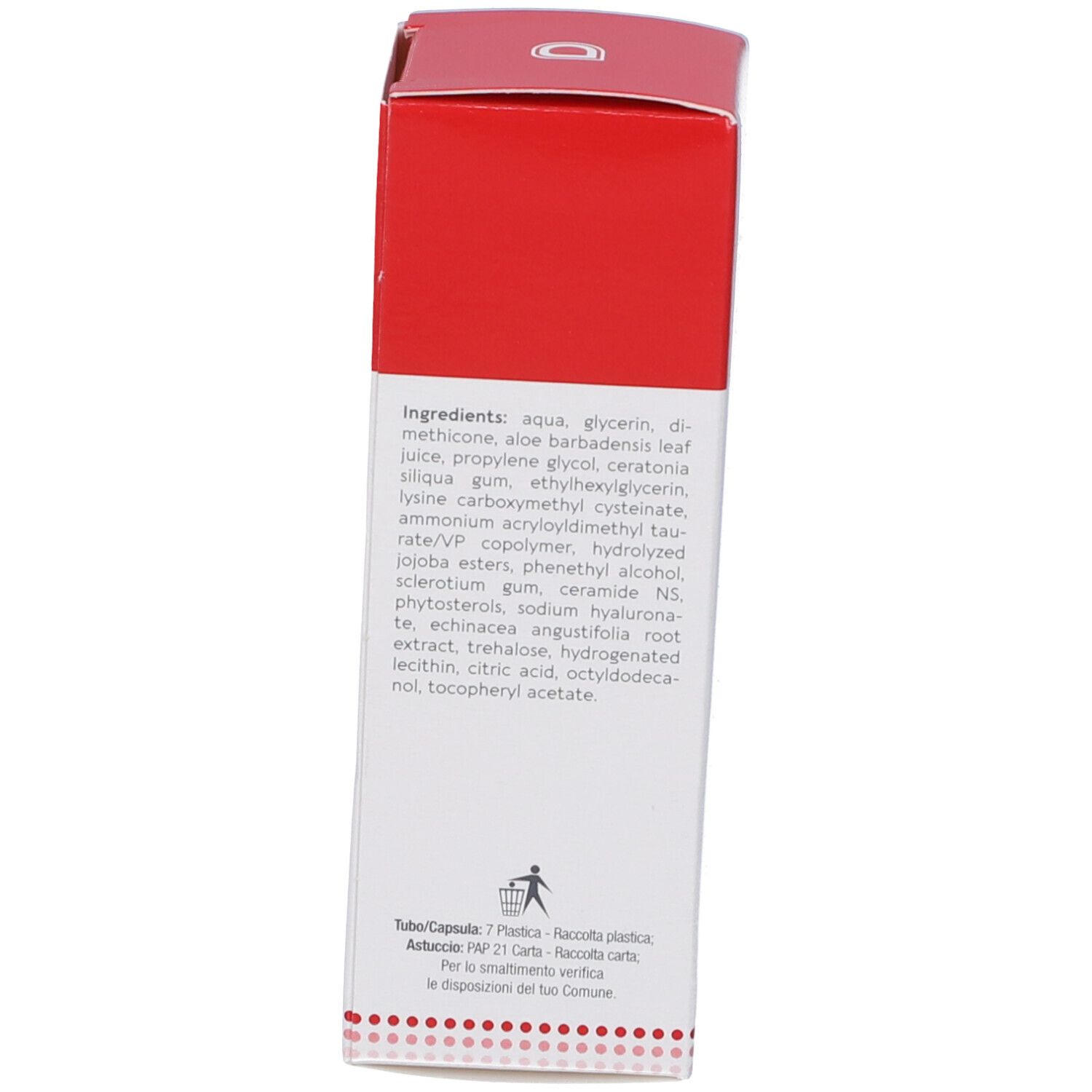 Vista laterale della confezione Dermovitamina Cicatrici Gel con ingredienti