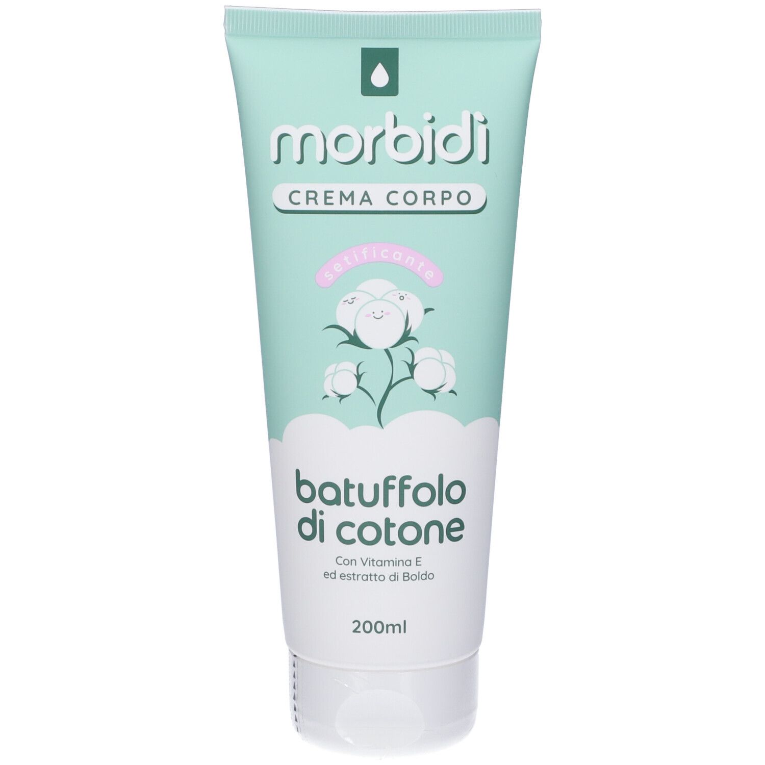 Tubo verde con tappo bianco. Scritta: Morbidi Crema Corpo, Batuffolo di Cotone. Con vitamina E ed estratto di Buddo. 200ml.
