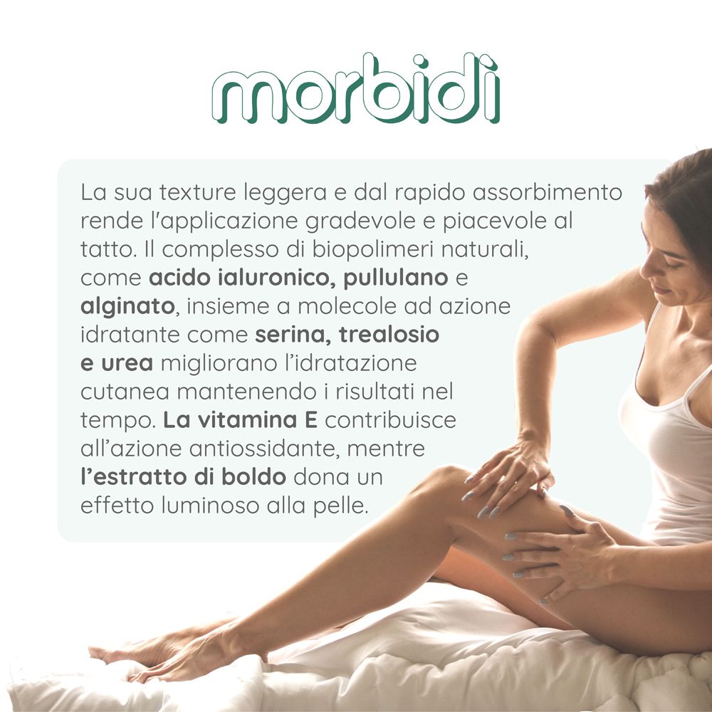 Donna che applica crema. Testo sulla texture leggera e gli ingredienti. Nome del prodotto: Morbidi.