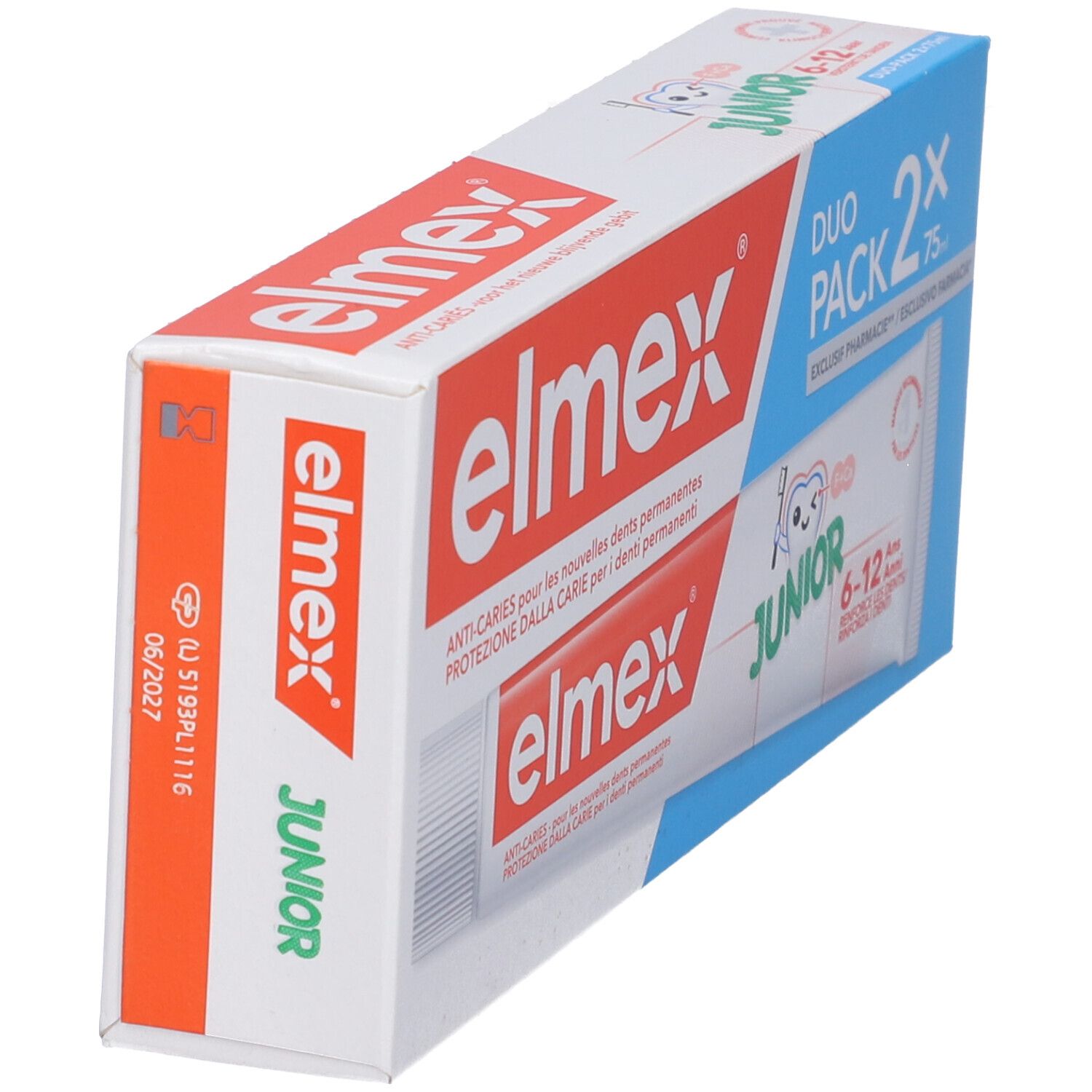 Set dentifricio Elmex Junior, Duo Pack. Confezione con nome del prodotto e indicazione di età 6-12 anni. Vista laterale.