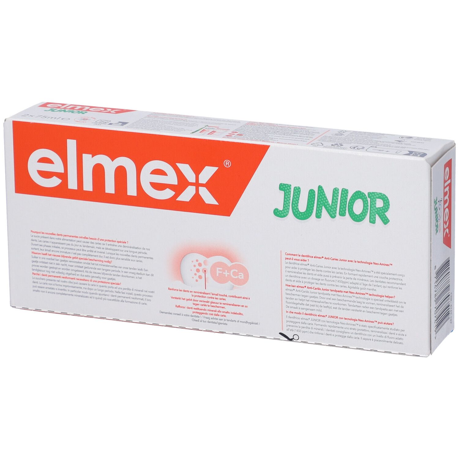 Set dentifricio Elmex Junior. Confezione con nome del prodotto e indicazione di età 6-12 anni. Retro con informazioni sul prodotto.