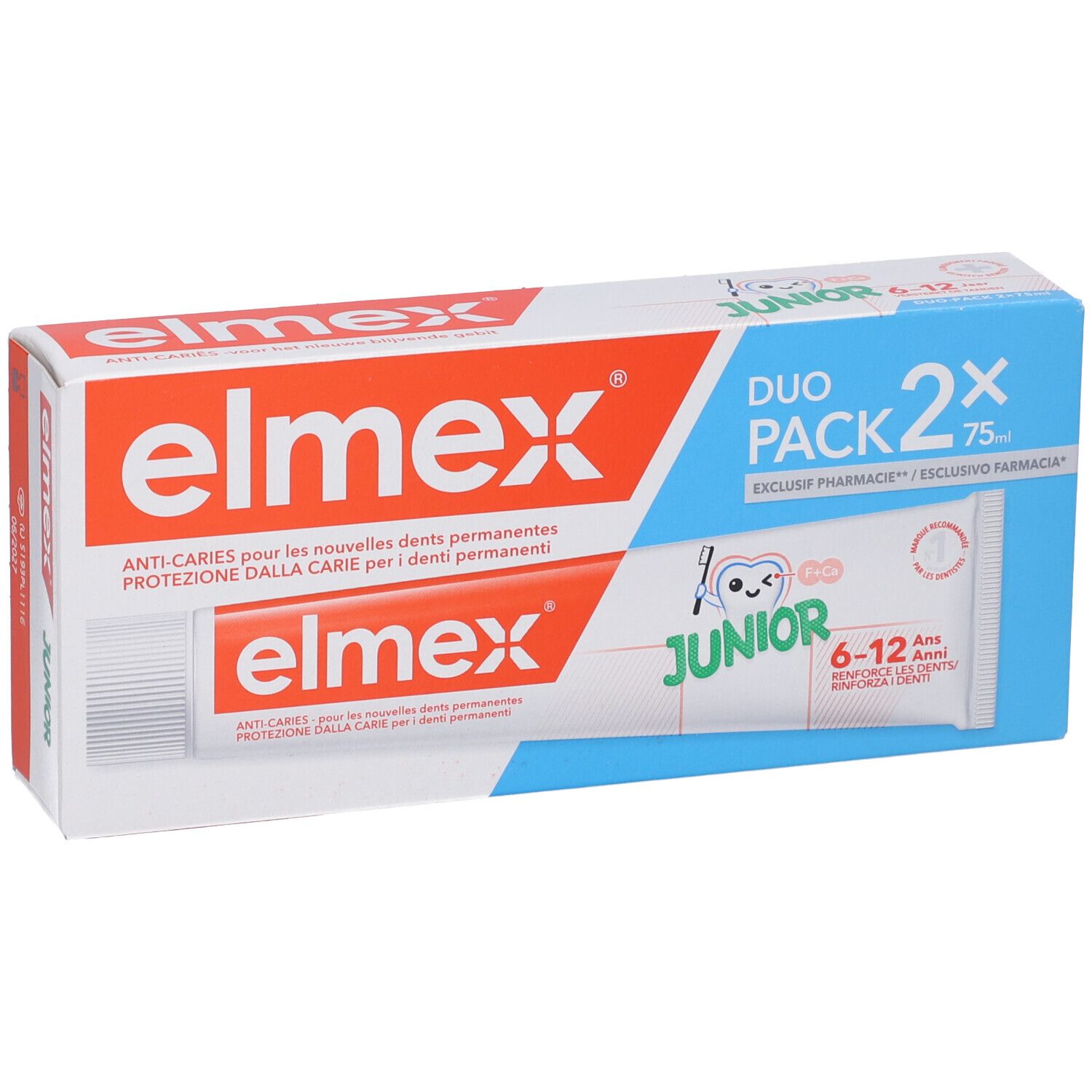 Set dentifricio Elmex Junior, Duo Pack. Contiene due tubi. Confezione con nome del prodotto e indicazione di età 6-12 anni.