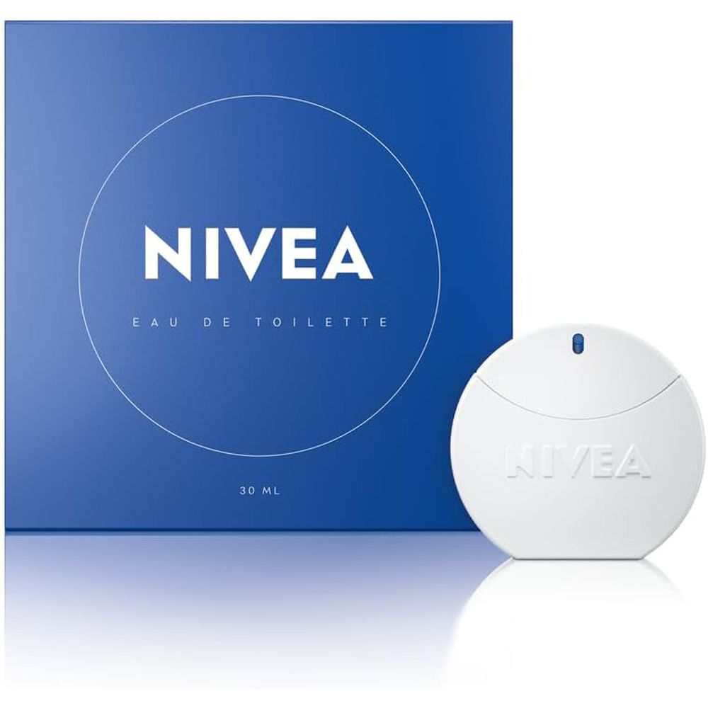 Flacone rotondo bianco e confezione blu. Sulla confezione, NIVEA Eau de Toilette e 30 ml sono indicati.