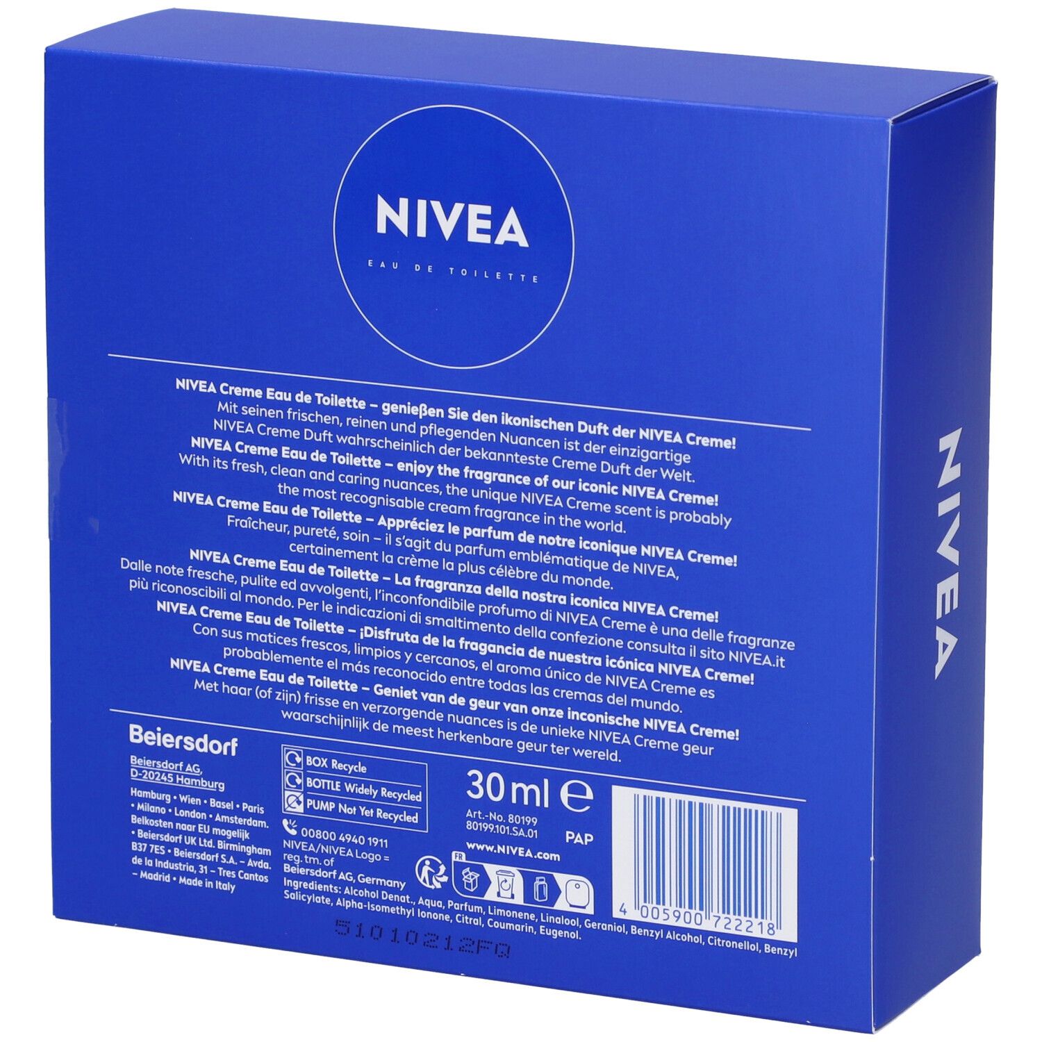 Confezione blu con NIVEA Eau de Toilette. Sulla confezione sono scritti NIVEA Eau de Toilette e 30 ml.