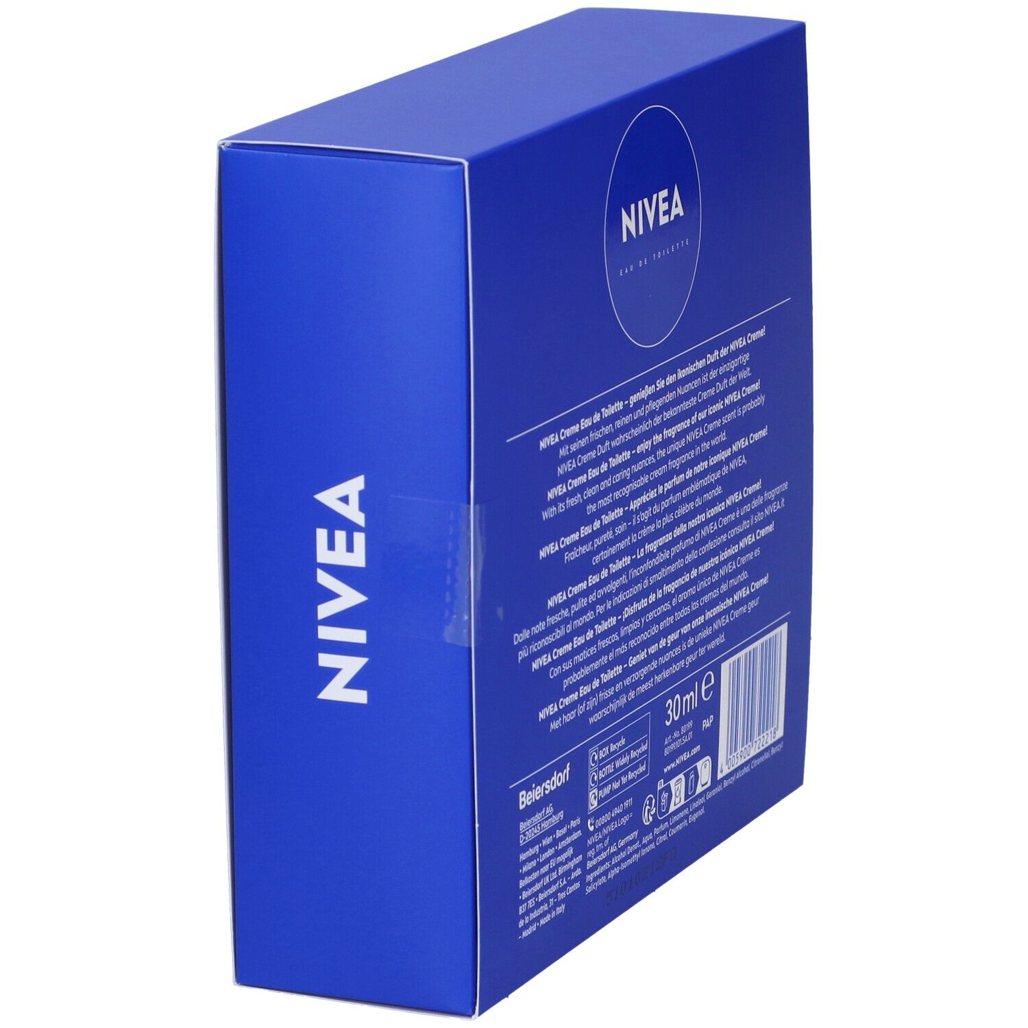 Confezione blu con NIVEA Eau de Toilette. Sulla confezione sono scritti NIVEA Eau de Toilette e 30 ml.