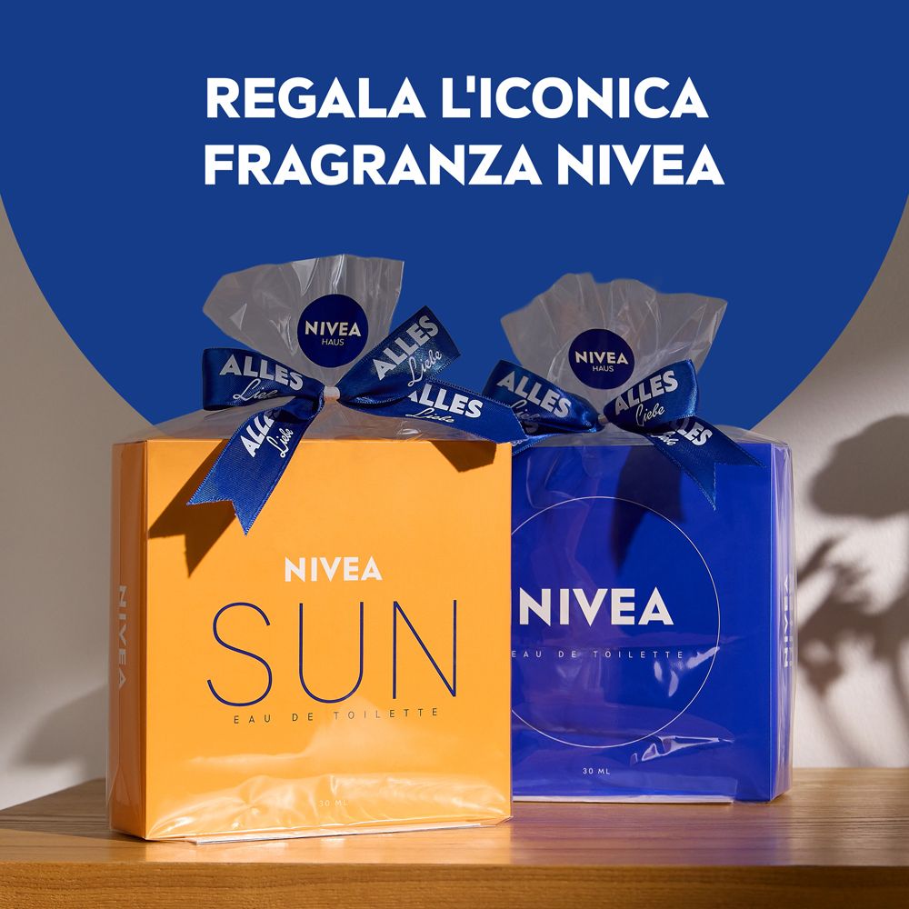 Due confezioni regalo con prodotti NIVEA. Sulle scatole sono scritti NIVEA SUN e NIVEA Eau de Toilette.