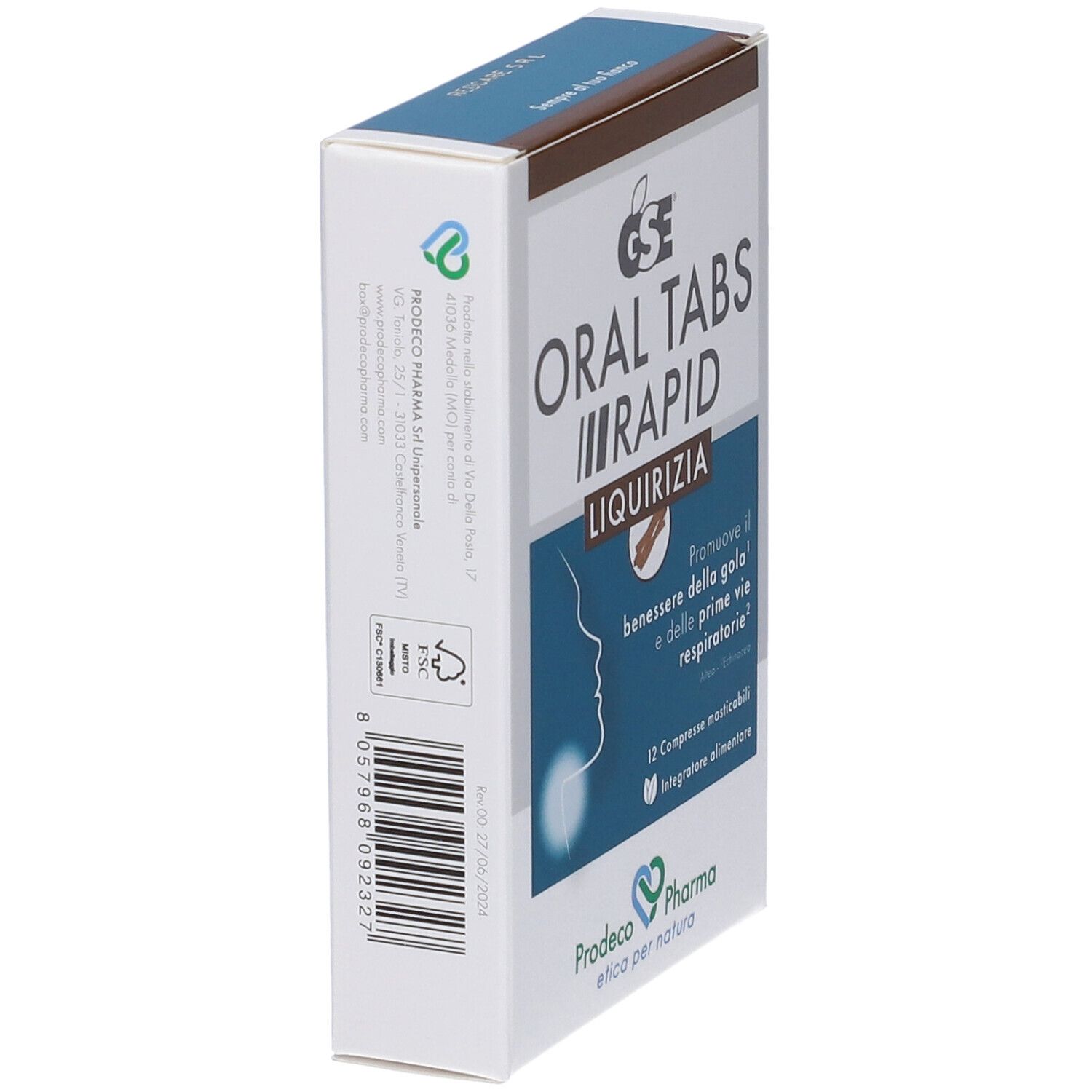 Scatola GSE ORAL TABS RAPID LIQUIRIZIA, vista laterale. Logo e testo. Logo FSC.