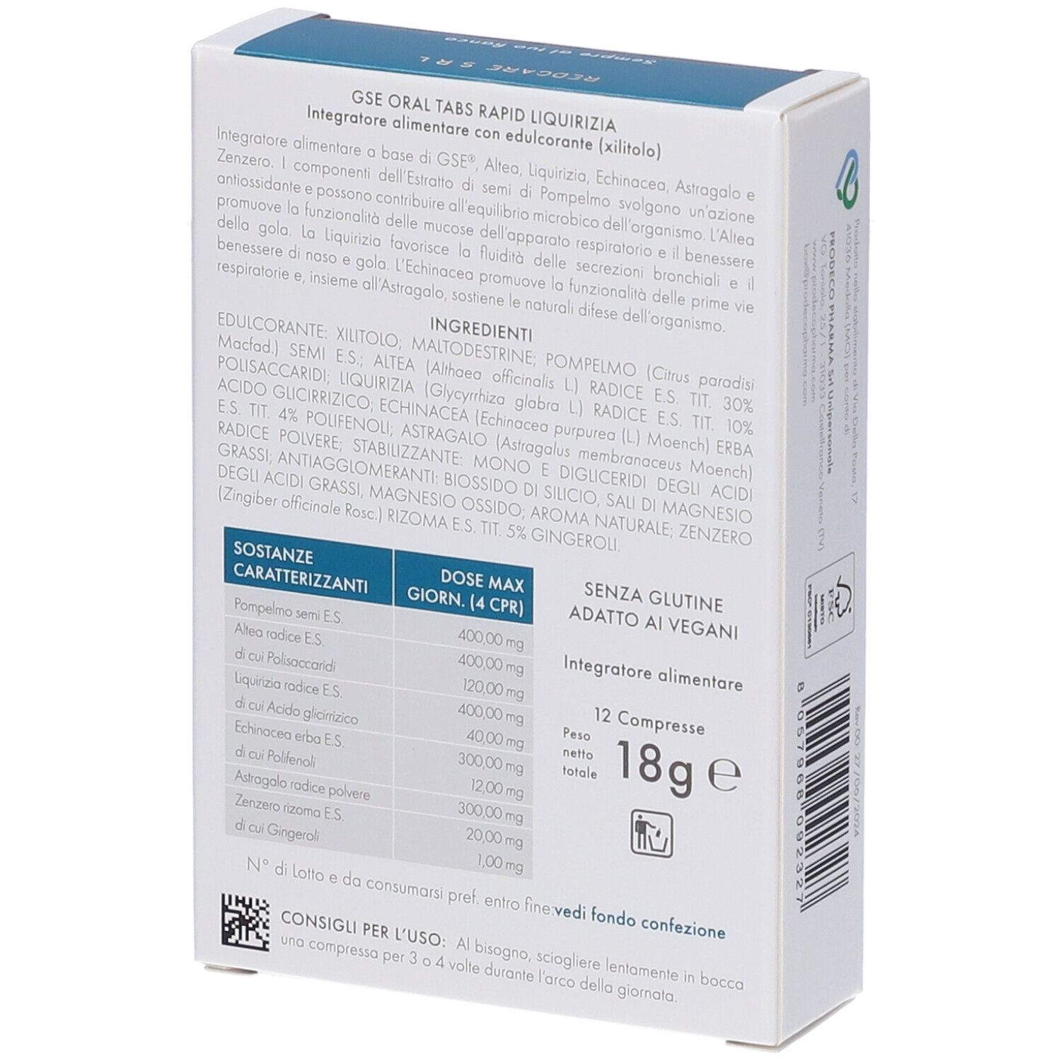 Retro della confezione GSE ORAL TABS RAPID LIQUIRIZIA. Ingredienti e informazioni nutrizionali.