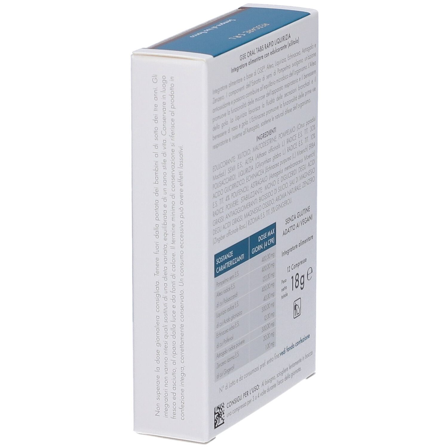 Retro della confezione GSE ORAL TABS RAPID LIQUIRIZIA. Testo e informazioni nutrizionali.