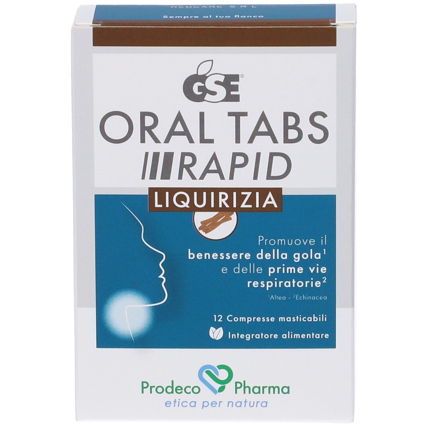 Scatola di GSE ORAL TABS RAPID LIQUIRIZIA. 12 compresse masticabili. Prodeco Pharma.