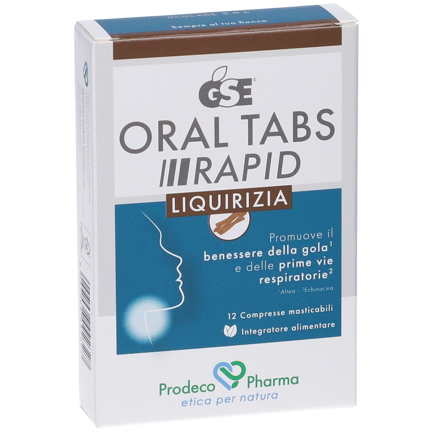 Scatola di GSE ORAL TABS RAPID LIQUIRIZIA. 12 compresse masticabili. Prodeco Pharma.
