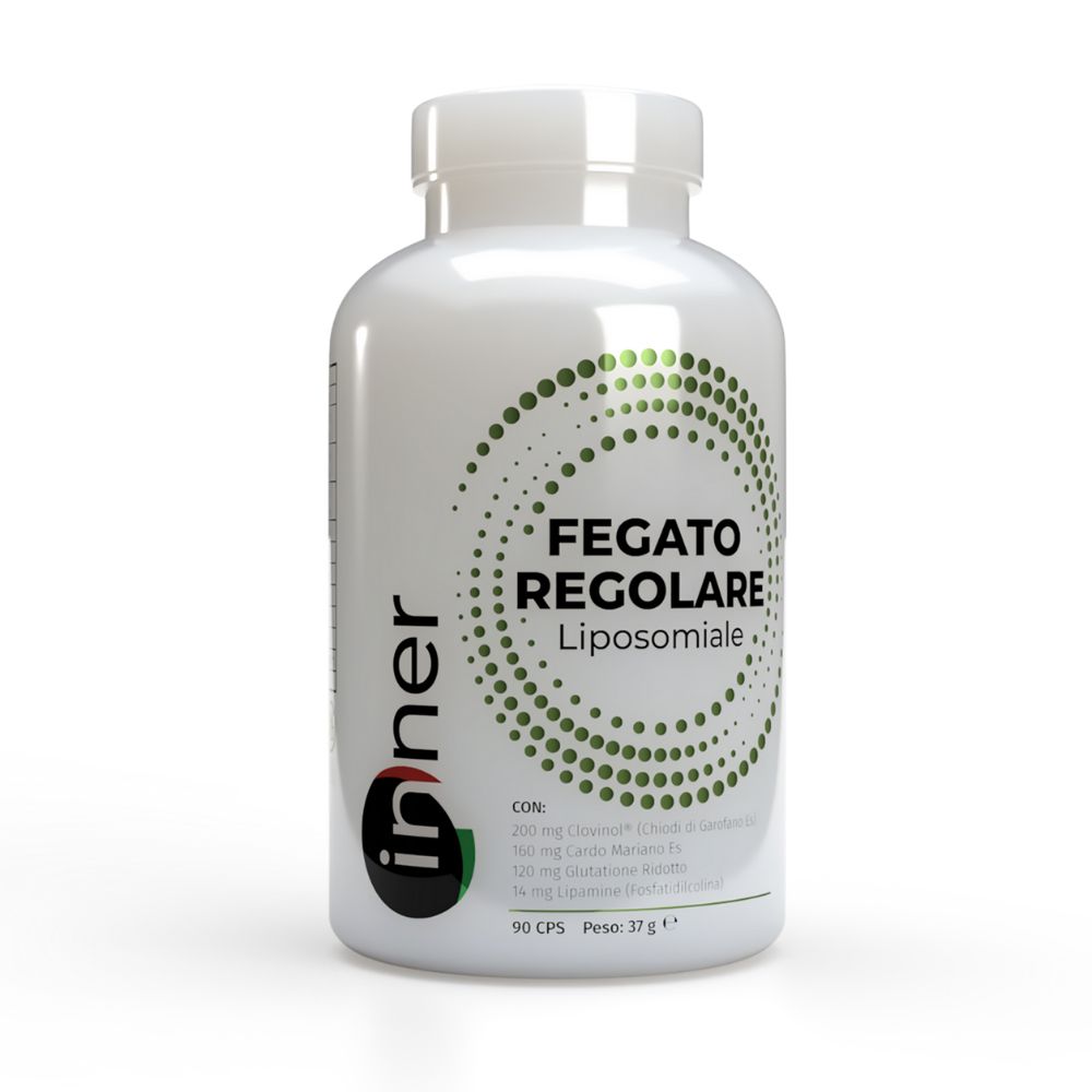 Flacone bianco con etichetta verde. Testo: FEGATO REGOLARE Liposomiale. Marchio: inner. Contiene 90 capsule. Ingredienti.